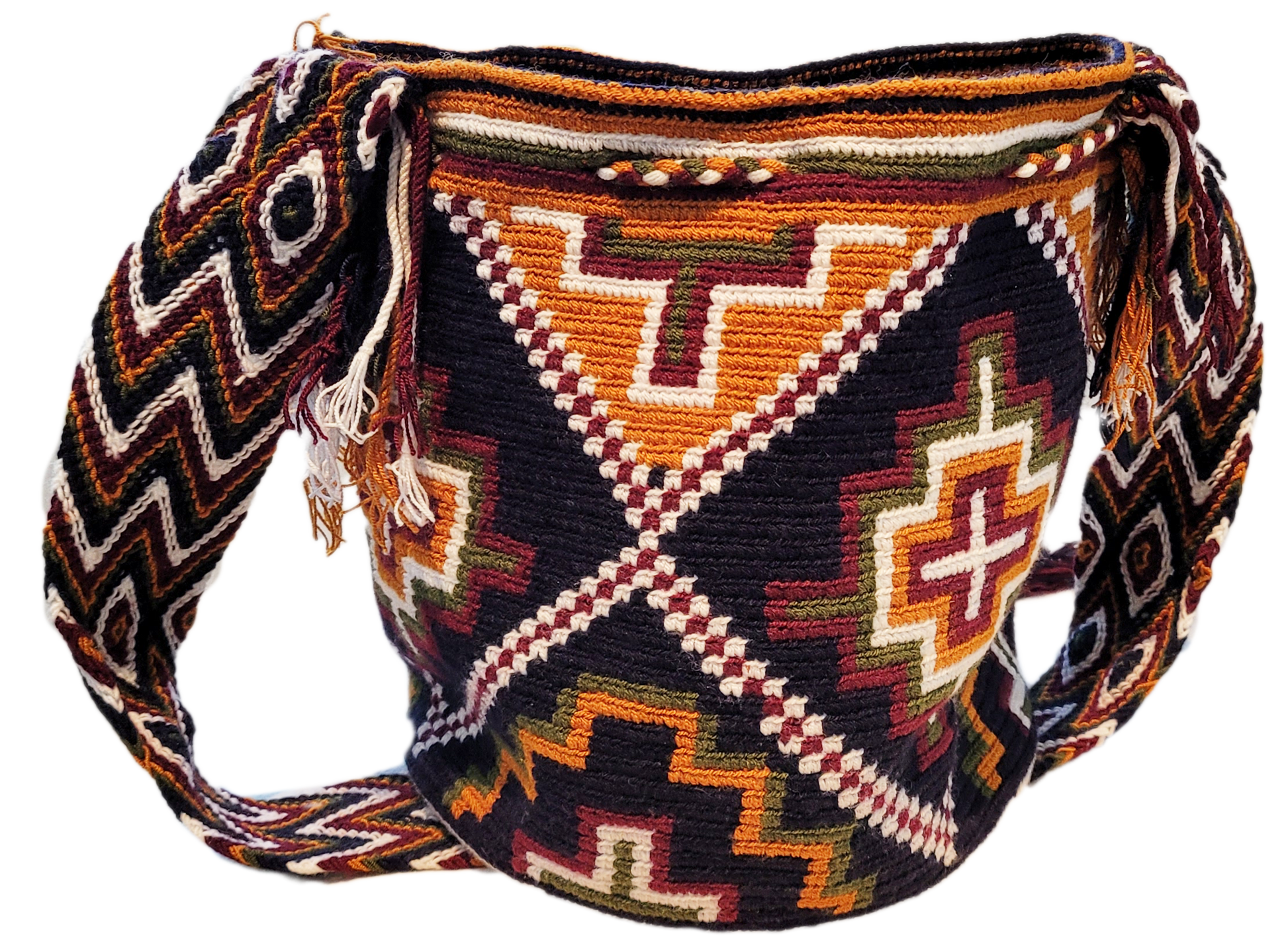 "Colorful handmade Crochet Wayuu bag with geometric designs, crafted by Wayuu artisans, perfect for versatile use."