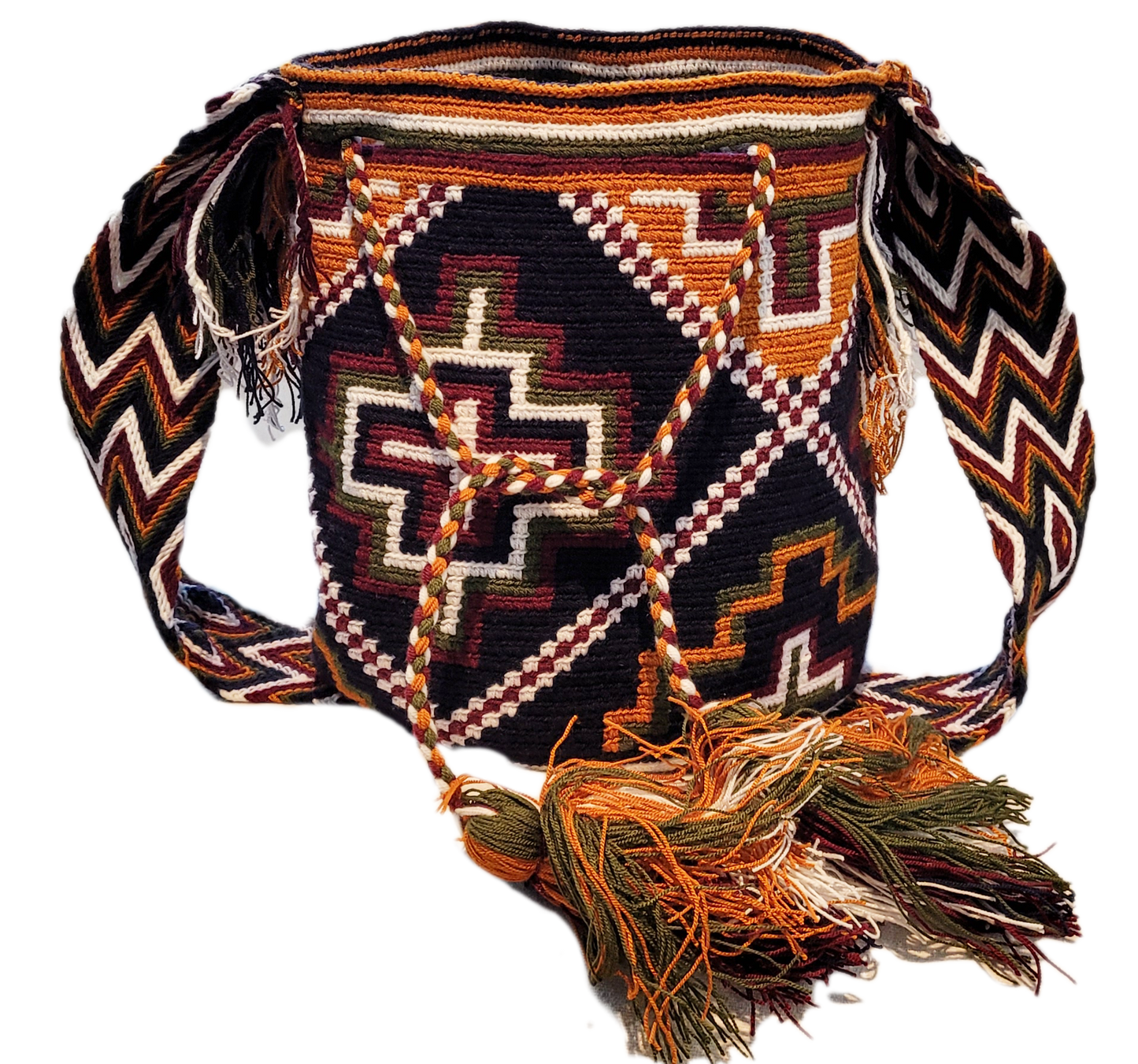 "Colorful handmade Crochet Wayuu bag with geometric designs, crafted by Wayuu artisans, perfect for versatile use."