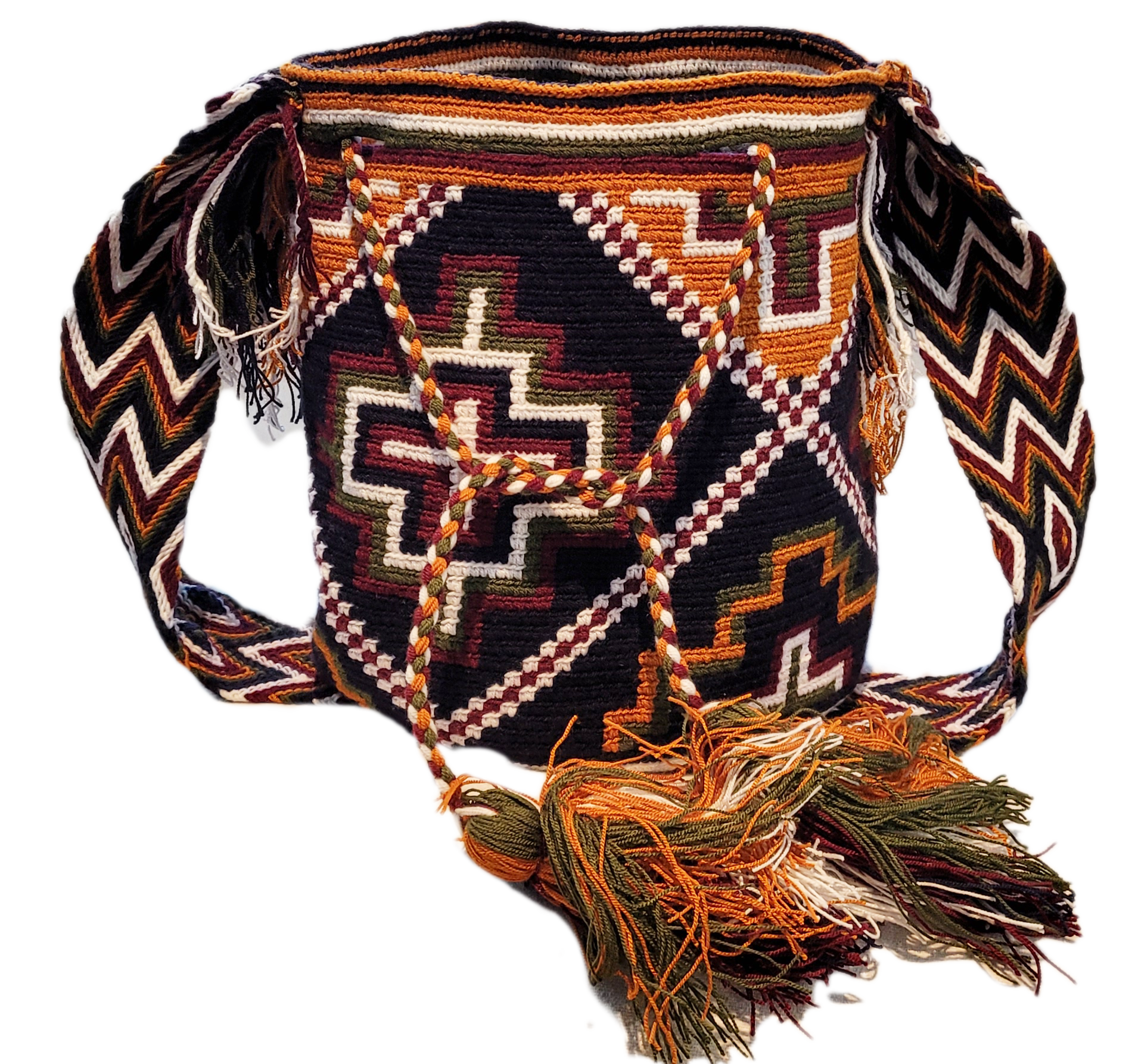 "Colorful handmade Crochet Wayuu bag with geometric designs, crafted by Wayuu artisans, perfect for versatile use."