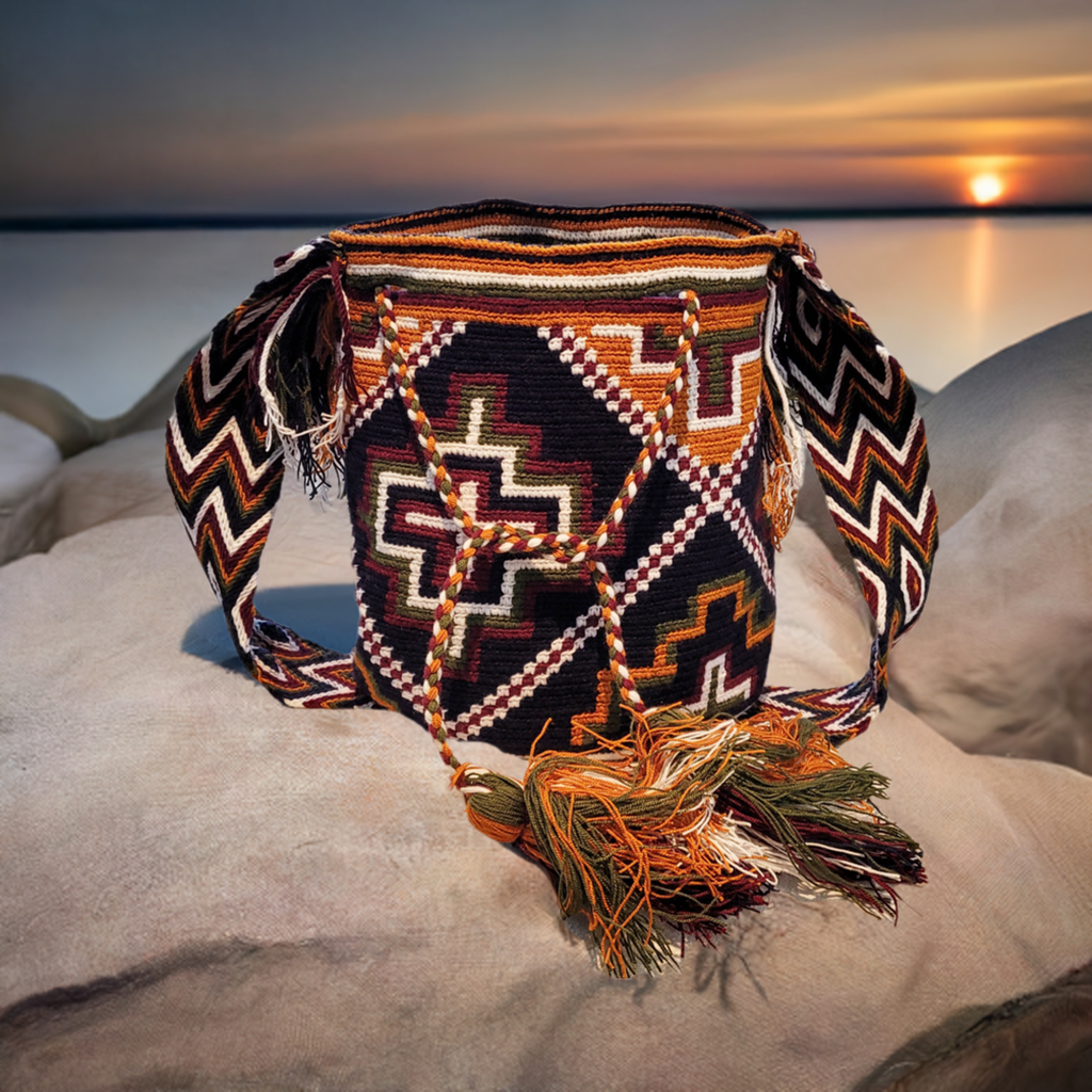 Bottom view "Colorful handmade Crochet Wayuu bag with geometric designs, crafted by Wayuu artisans, perfect for versatile use."