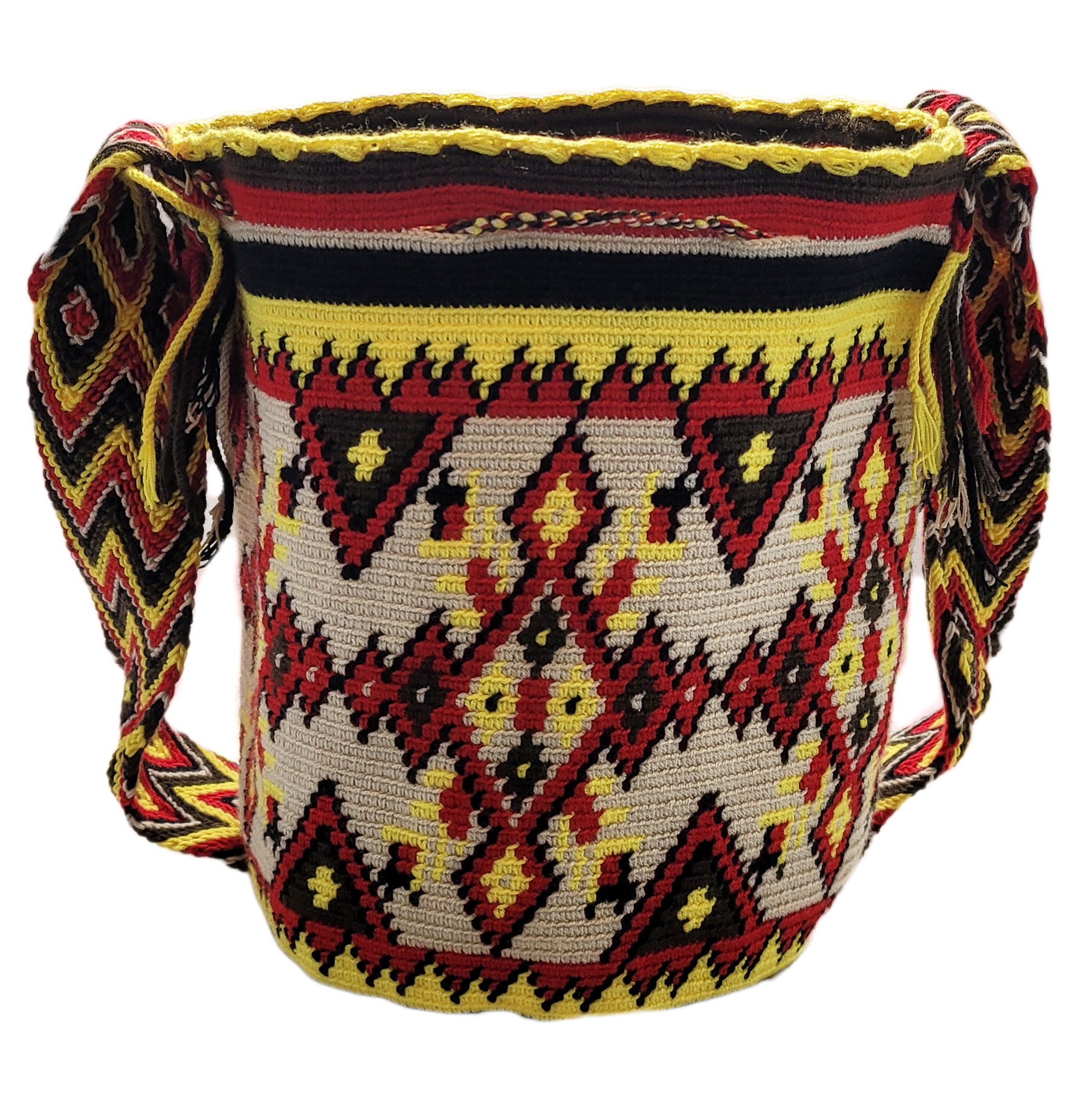 "Colorful handmade crochet Wayuu bag with intricate geometric patterns, showcasing traditional artisan craftsmanship."