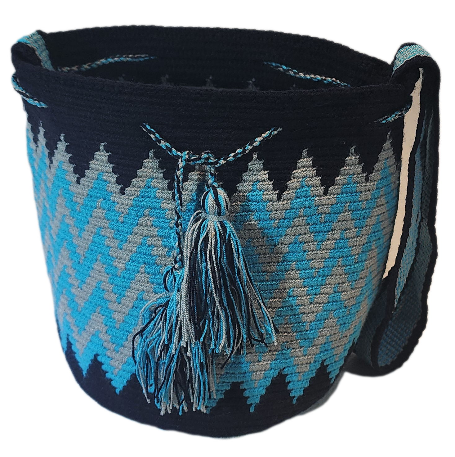 "Colorful handmade crochet Wayuu handbag by Wuitusu, displaying traditional bohemian patterns and intricate craftsmanship."