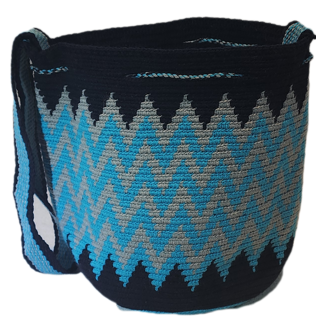 "Colorful handmade crochet Wayuu handbag by Wuitusu, displaying traditional bohemian patterns and intricate craftsmanship."