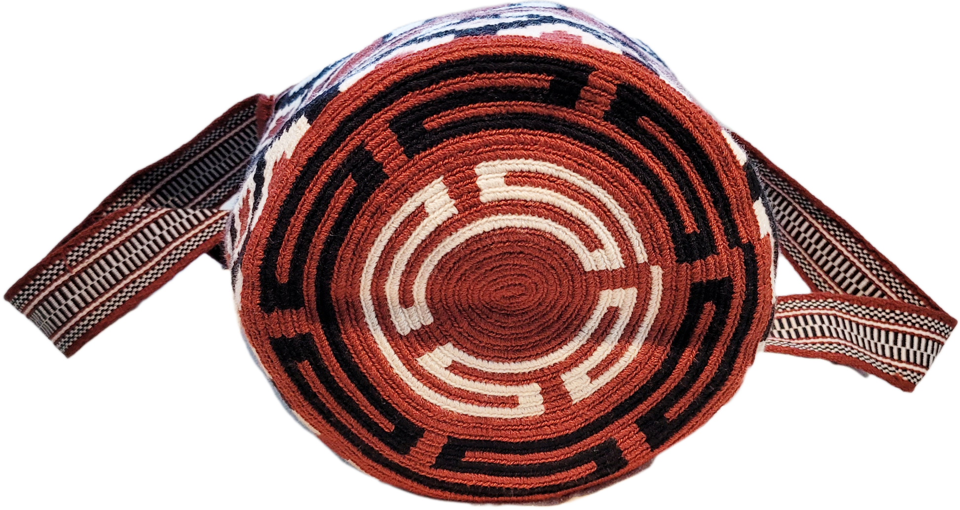 "Colorful handmade Paleteada Wayuu crochet bag with adjustable strap for shoulder or crossbody wear, showcasing unique patter