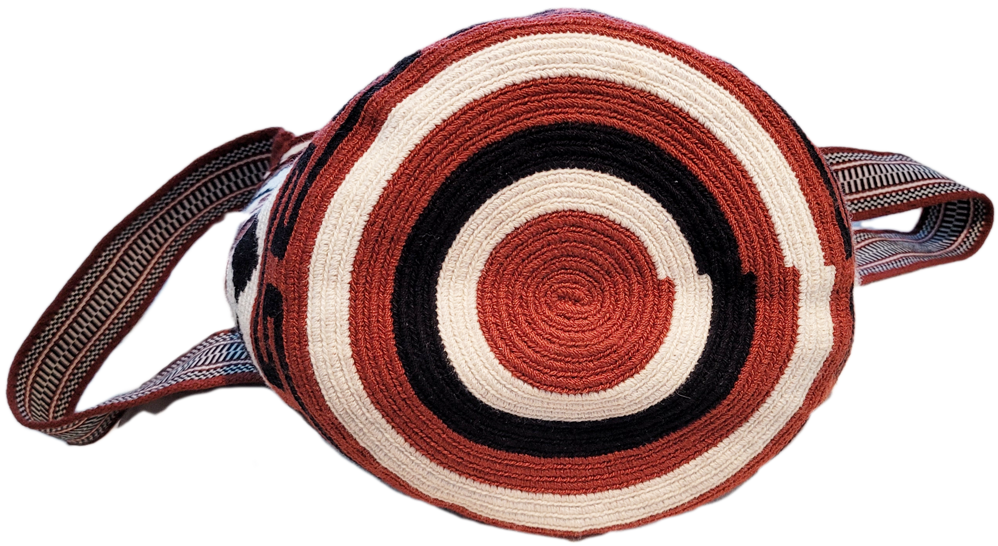 "Colorful handmade Paleteada Wayuu crochet bag with adjustable straps, showcasing traditional geometric patterns and supporti