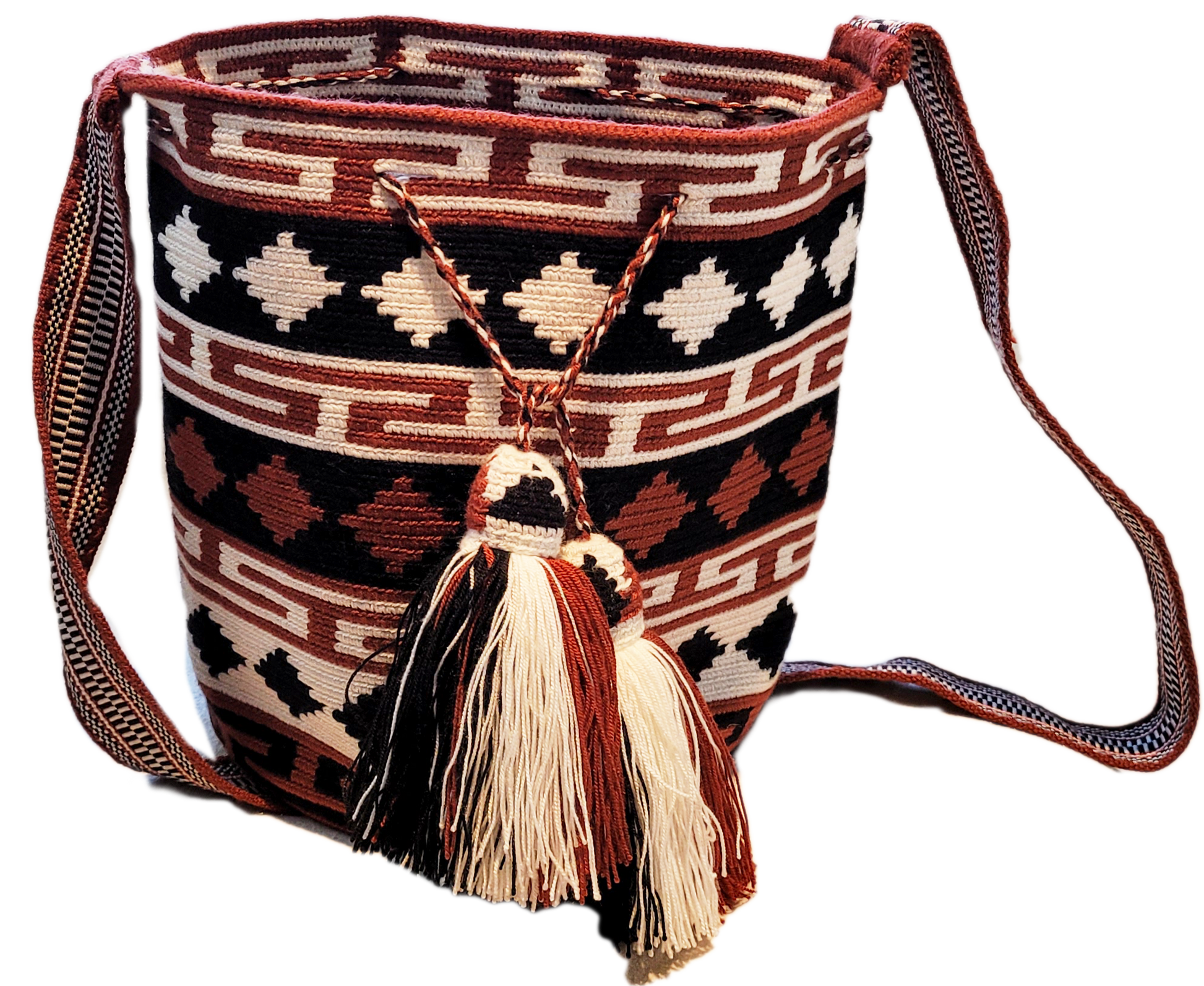 "Colorful handmade Paleteada Wayuu crochet bag with adjustable straps, showcasing traditional geometric patterns and supporti