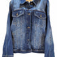 "Colorful handmade punch needle back denim jacket by Wuitusu, showcasing unique Wayuu-inspired patterns for a boho chic look.