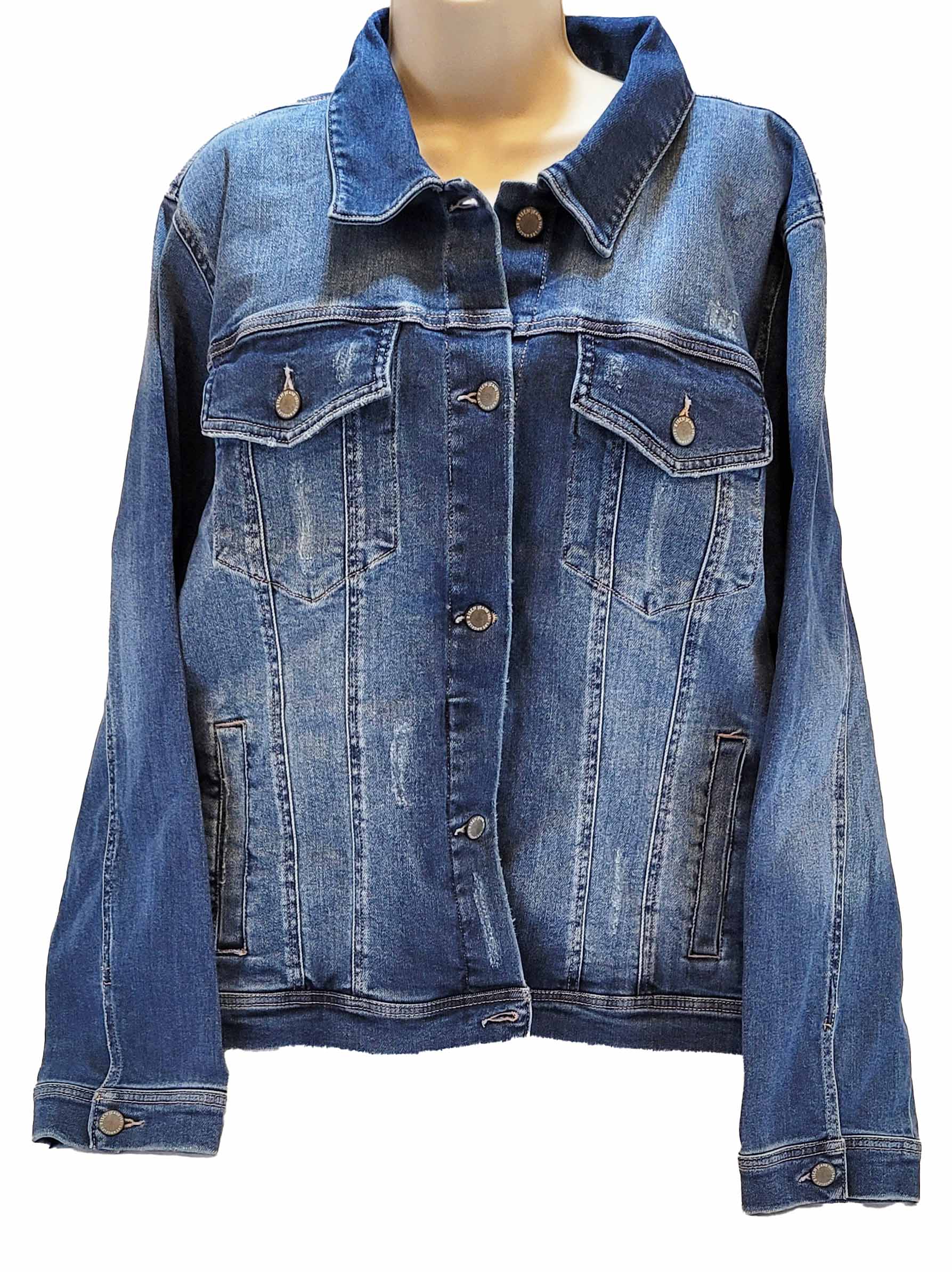 "Colorful handmade punch needle back denim jacket by Wuitusu, showcasing unique Wayuu-inspired patterns for a boho chic look.