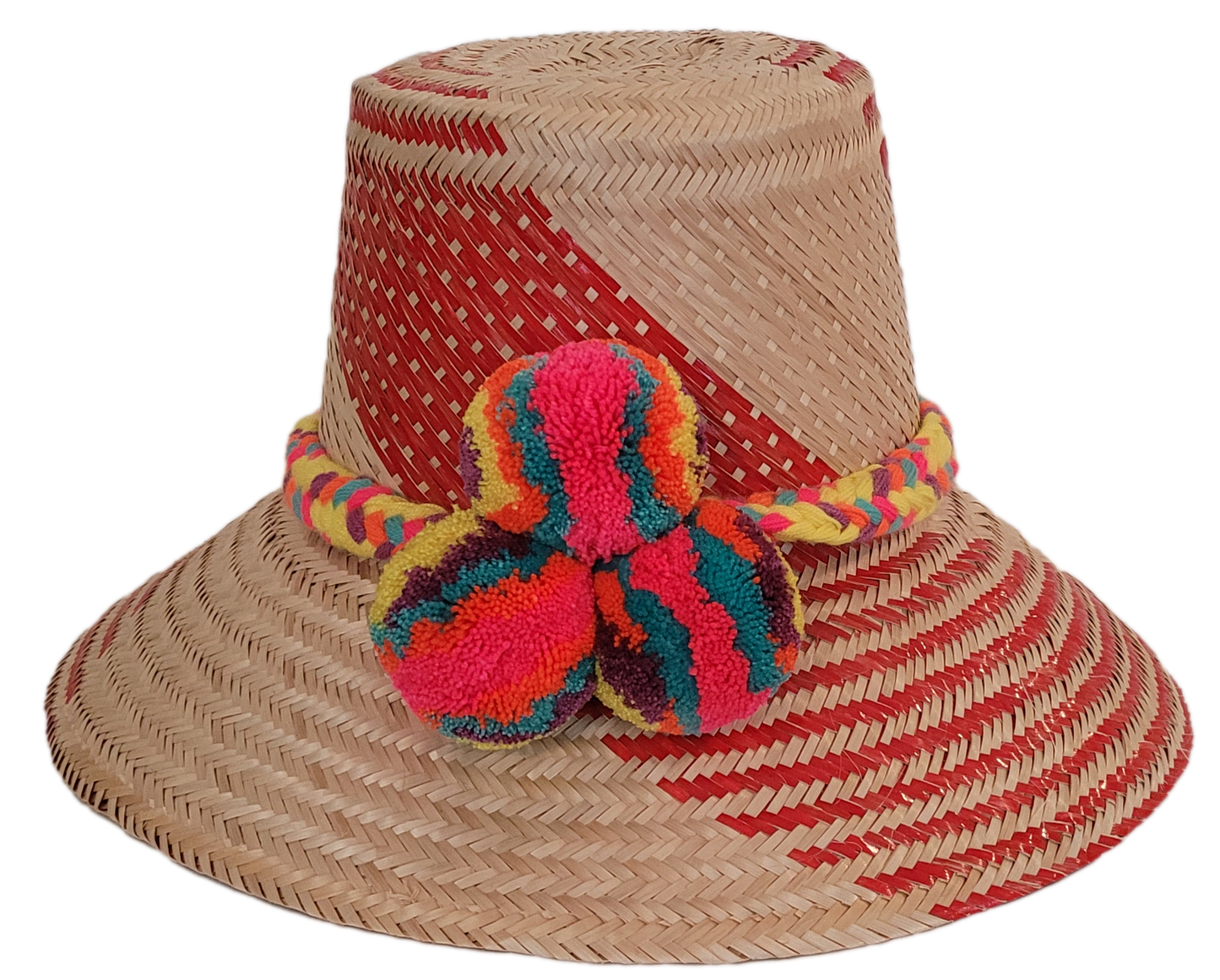 Colorful handmade straw hat with rainbow pompoms and red woven pattern