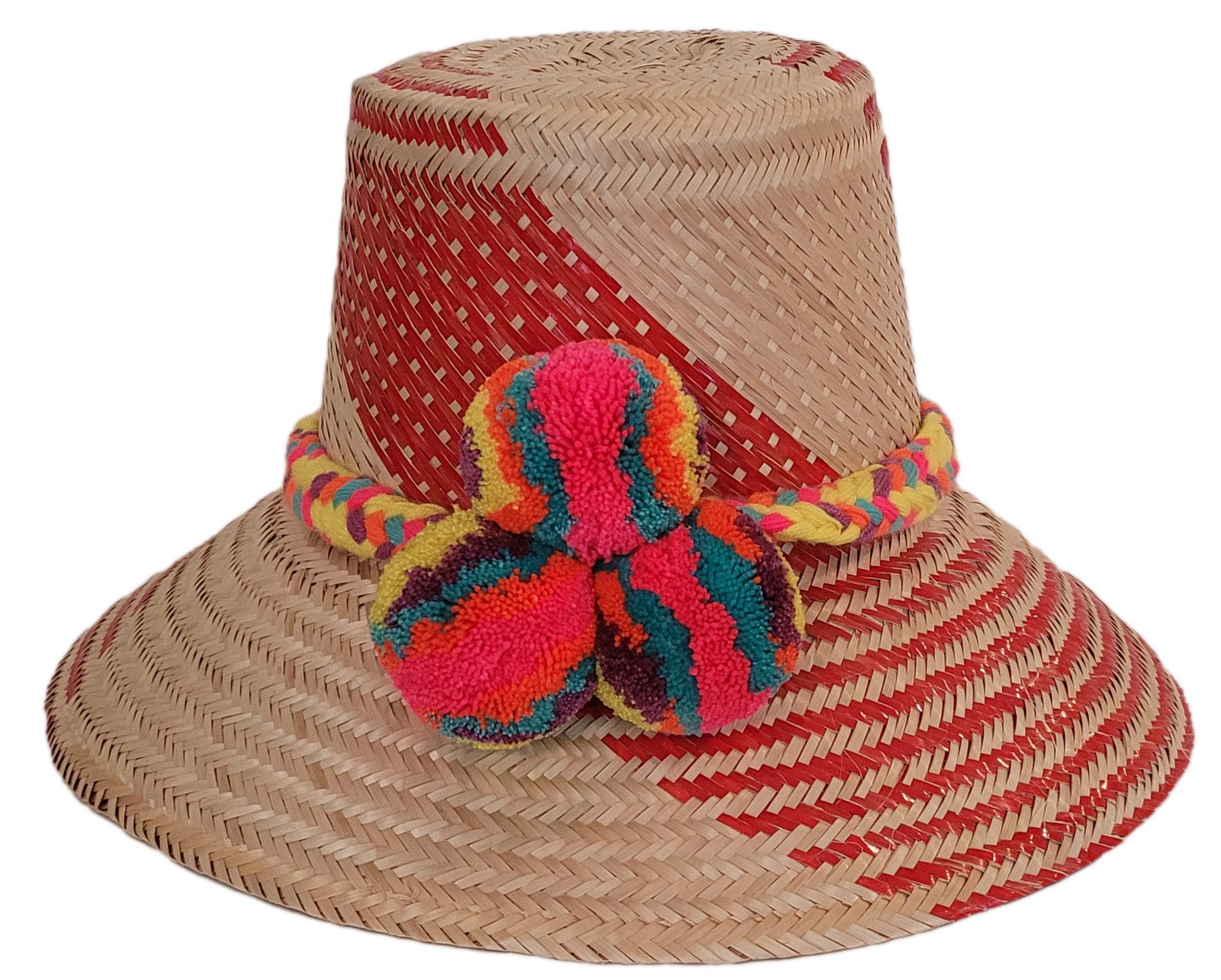 Colorful handmade straw hat with rainbow pompoms and red woven pattern