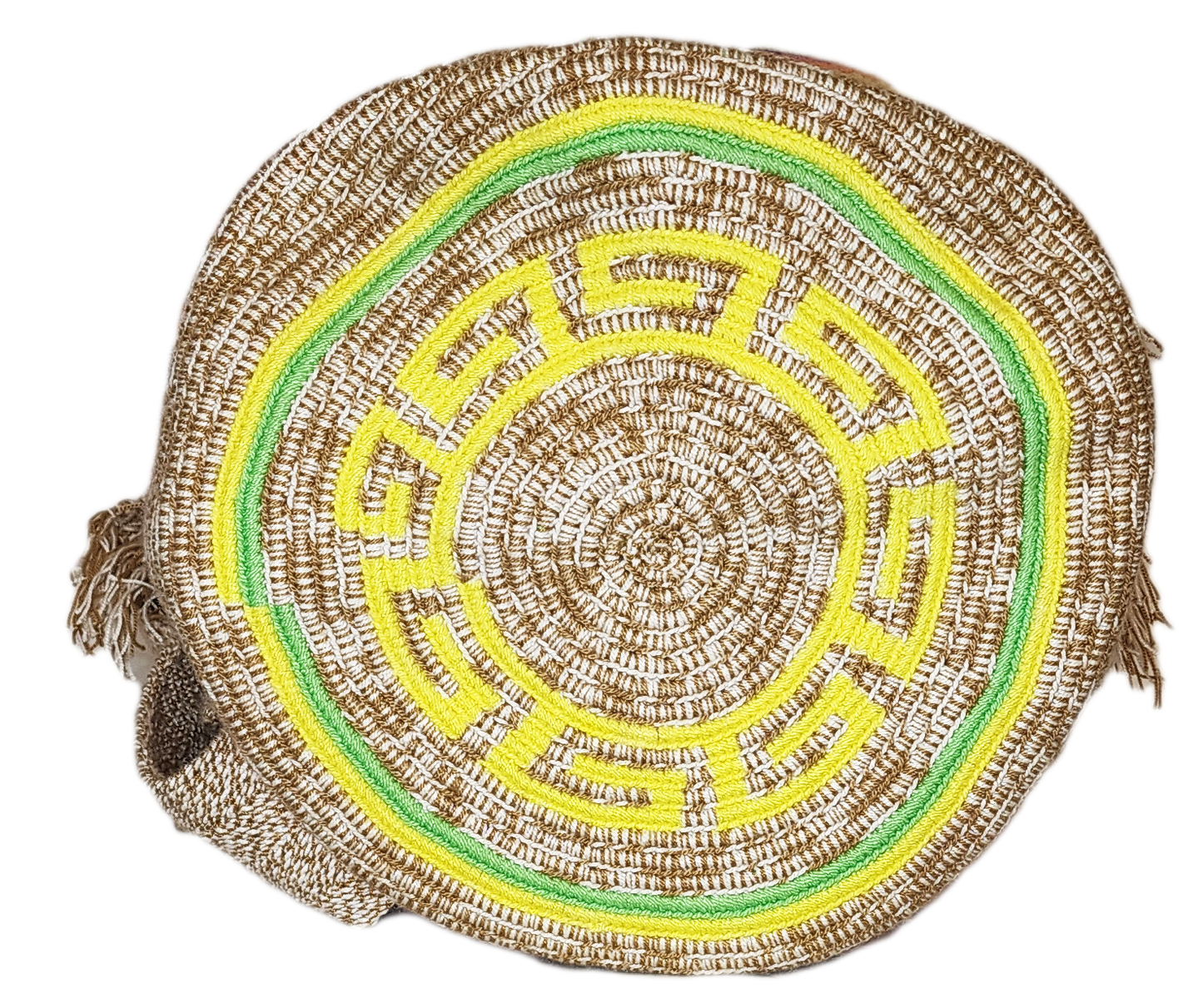 "Colorful handmade Wayuu crochet bag, adjustable strap, reflects vibrant Bohemian artistry and Wayuu heritage."