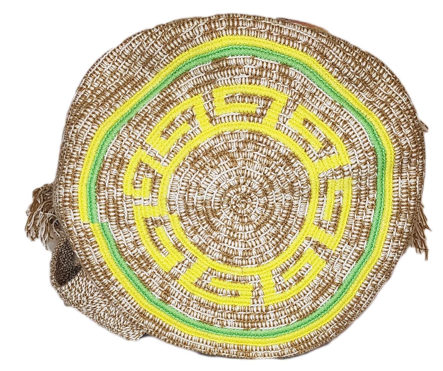 "Colorful handmade Wayuu crochet bag, adjustable strap, reflects vibrant Bohemian artistry and Wayuu heritage."