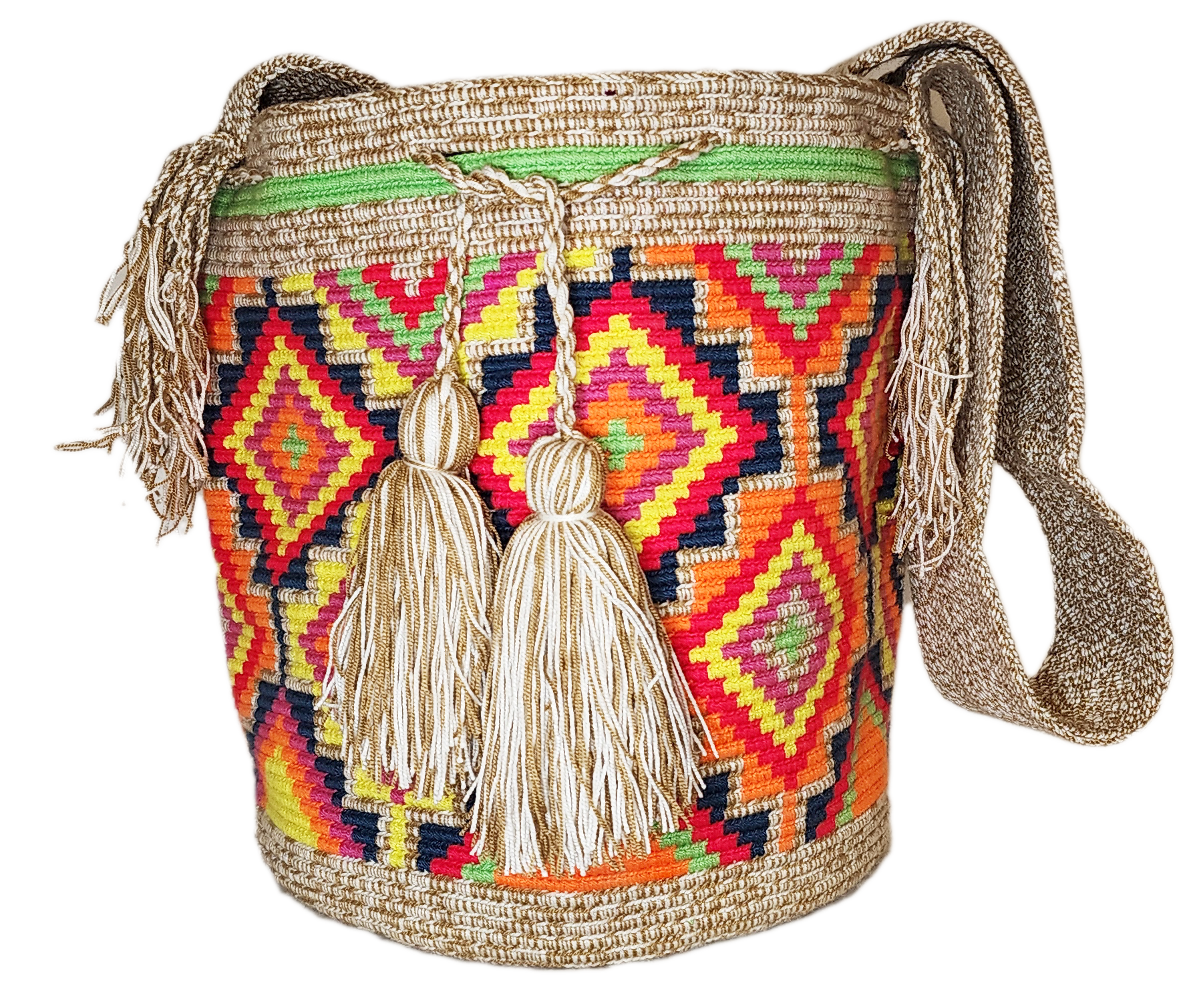 "Colorful handmade Wayuu crochet bag, adjustable strap, reflects vibrant Bohemian artistry and Wayuu heritage."