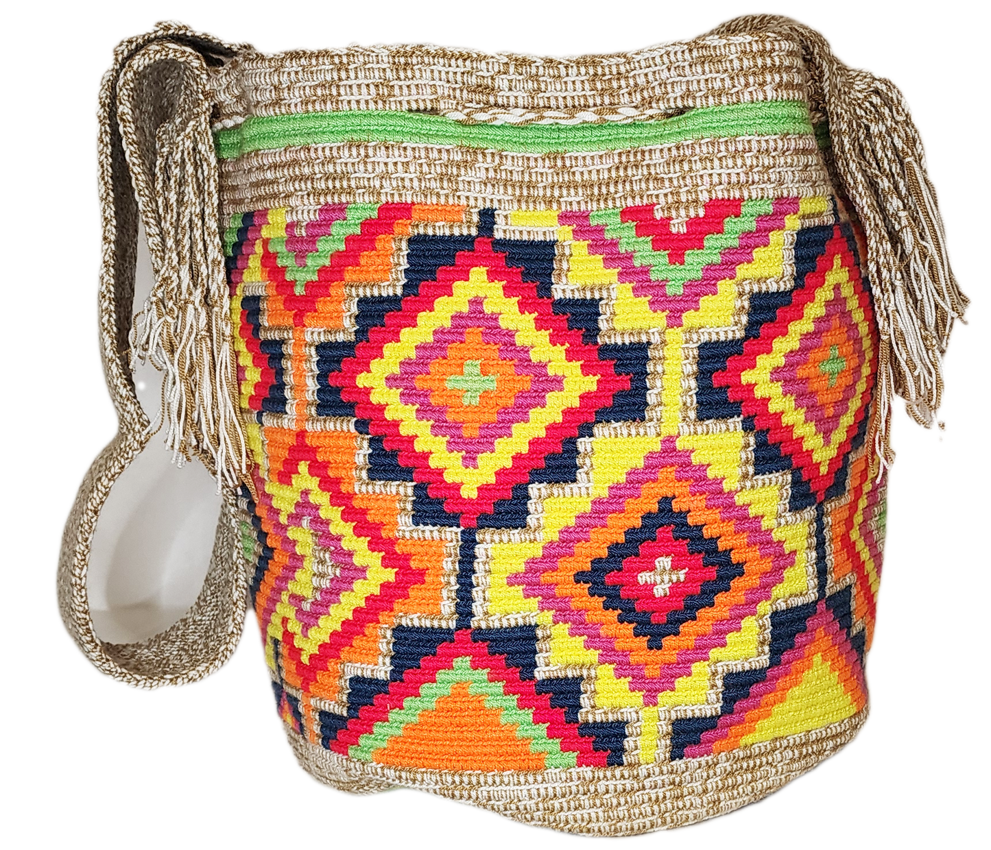 "Colorful handmade Wayuu crochet bag, adjustable strap, reflects vibrant Bohemian artistry and Wayuu heritage."