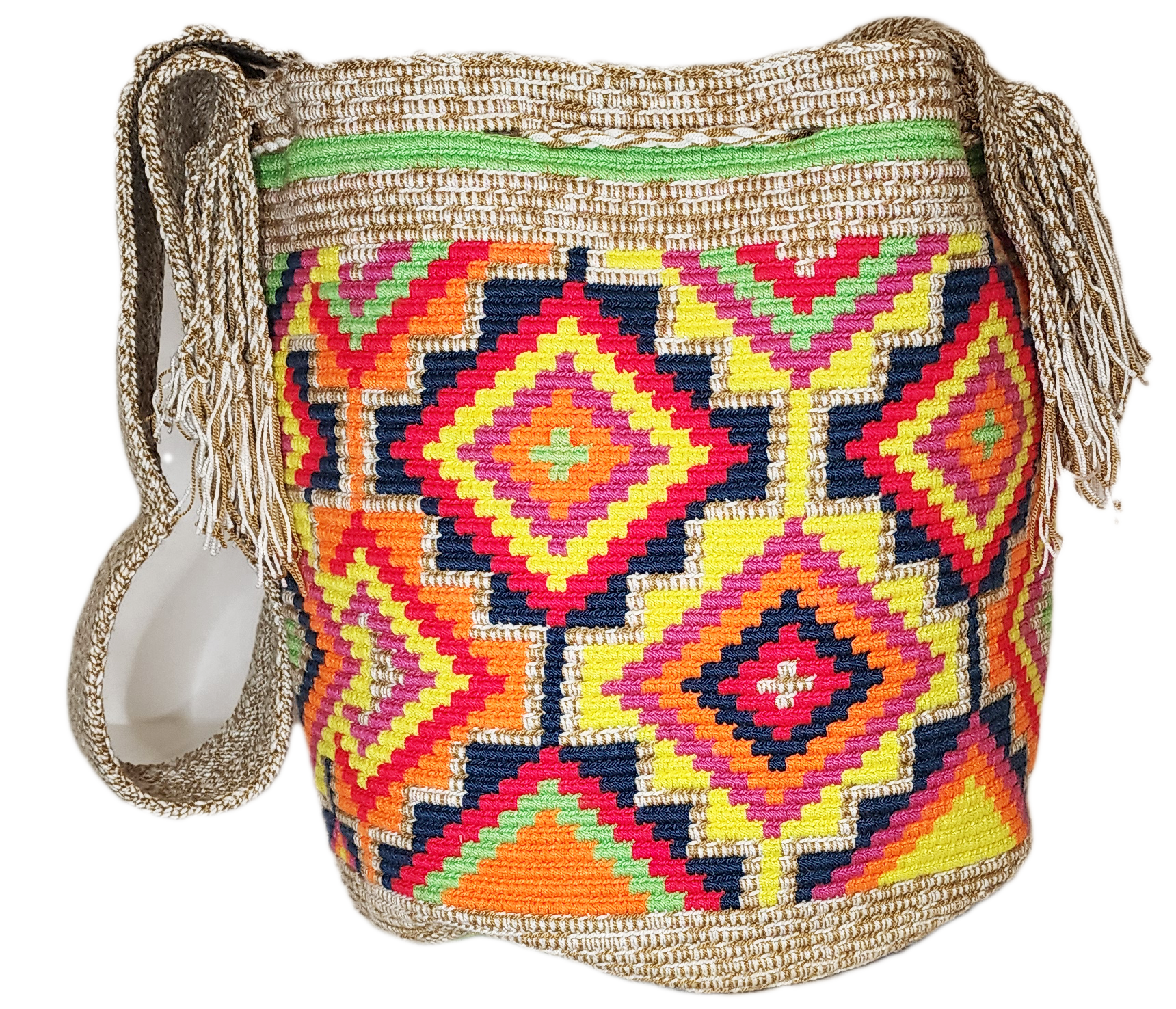 Bottom view "Colorful handmade Wayuu crochet bag, adjustable strap, reflects vibrant Bohemian artistry and Wayuu heritage."