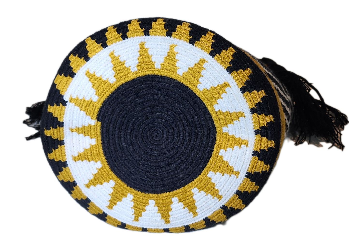 "Colorful handmade Wayuu crochet bag crafted by artisans, featuring vibrant patterns and a versatile boho design."