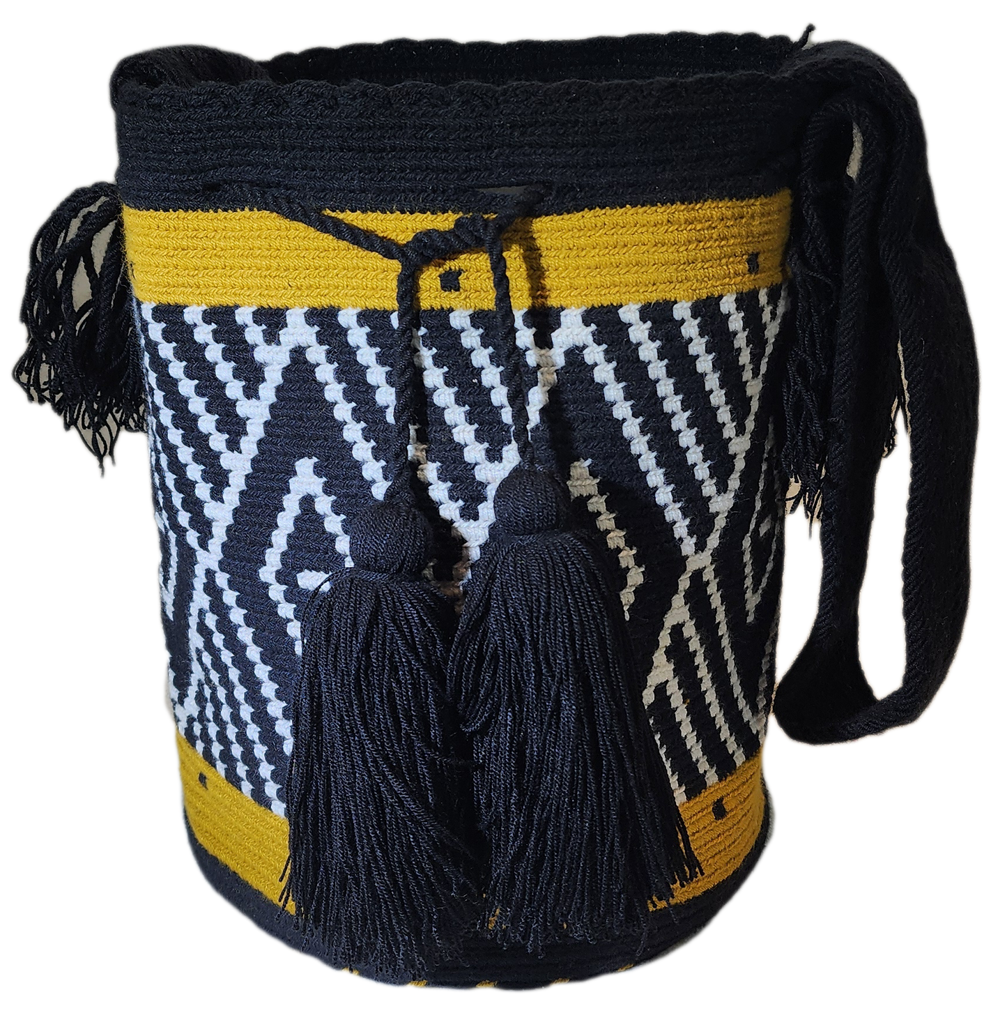"Colorful handmade Wayuu crochet bag crafted by artisans, featuring vibrant patterns and a versatile boho design."