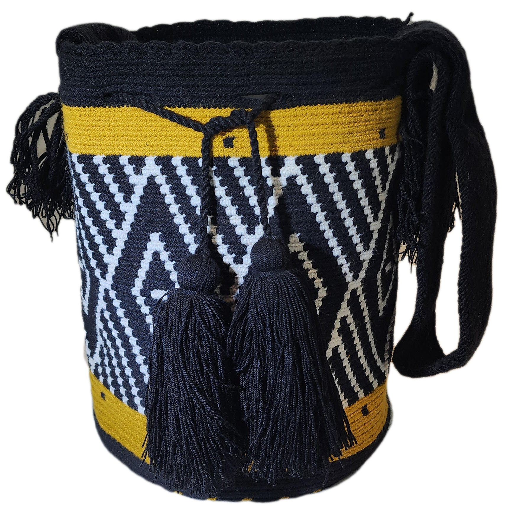 "Colorful handmade Wayuu crochet bag crafted by artisans, featuring vibrant patterns and a versatile boho design."