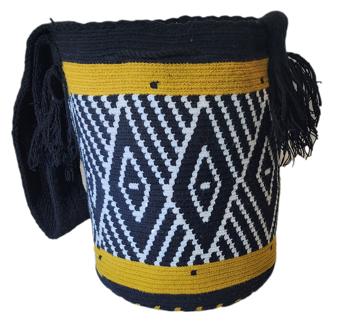"Colorful handmade Wayuu crochet bag crafted by artisans, featuring vibrant patterns and a versatile boho design."