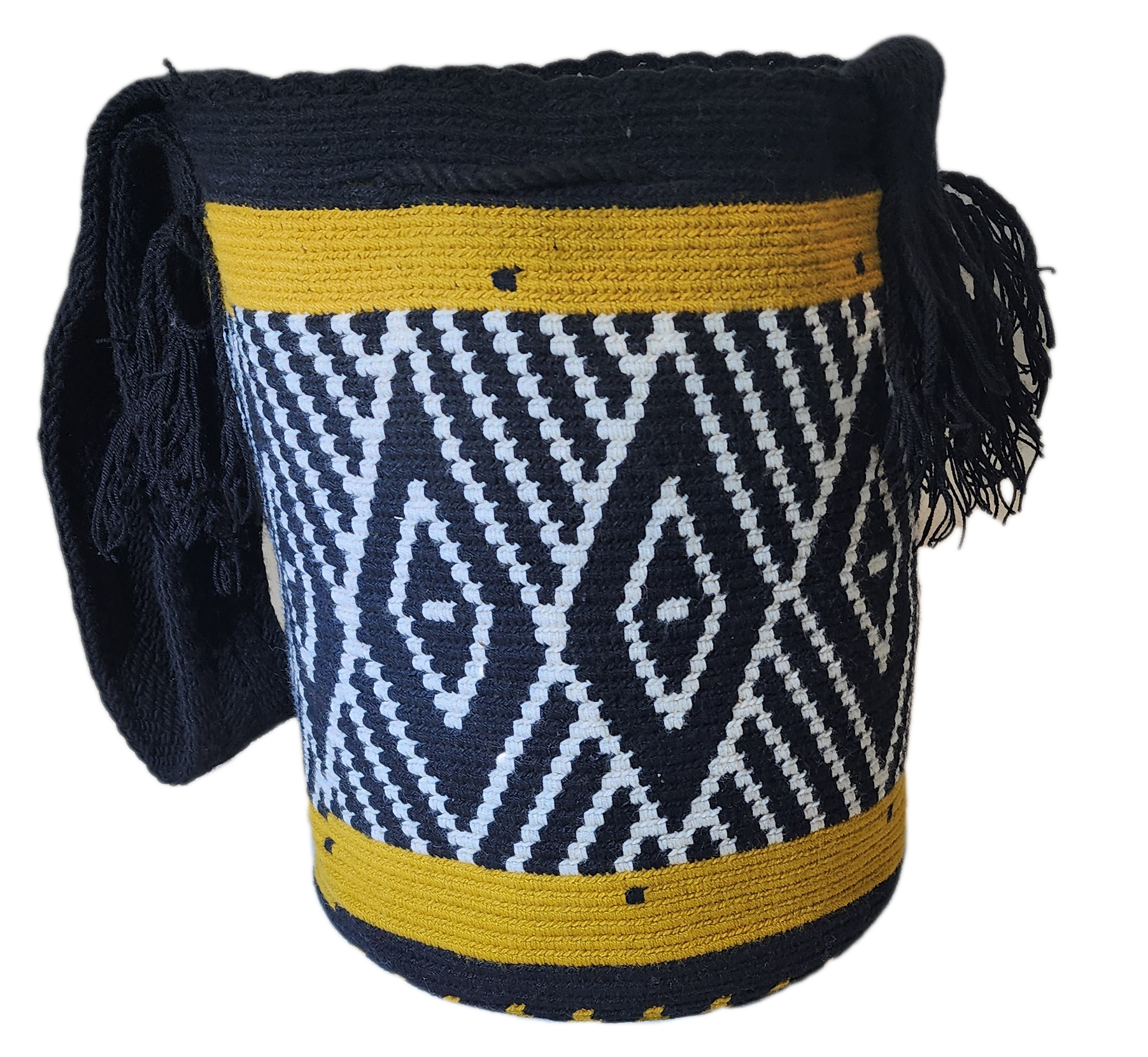 Bottom view "Colorful handmade Wayuu crochet bag crafted by artisans, featuring vibrant patterns and a versatile boho design."