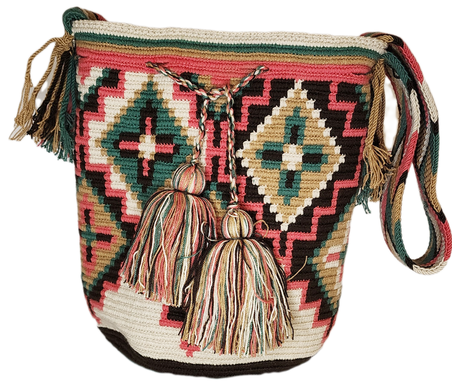 "Colorful handmade Wayuu crochet bag, featuring intricate patterns and a boho design, ideal for versatile use."