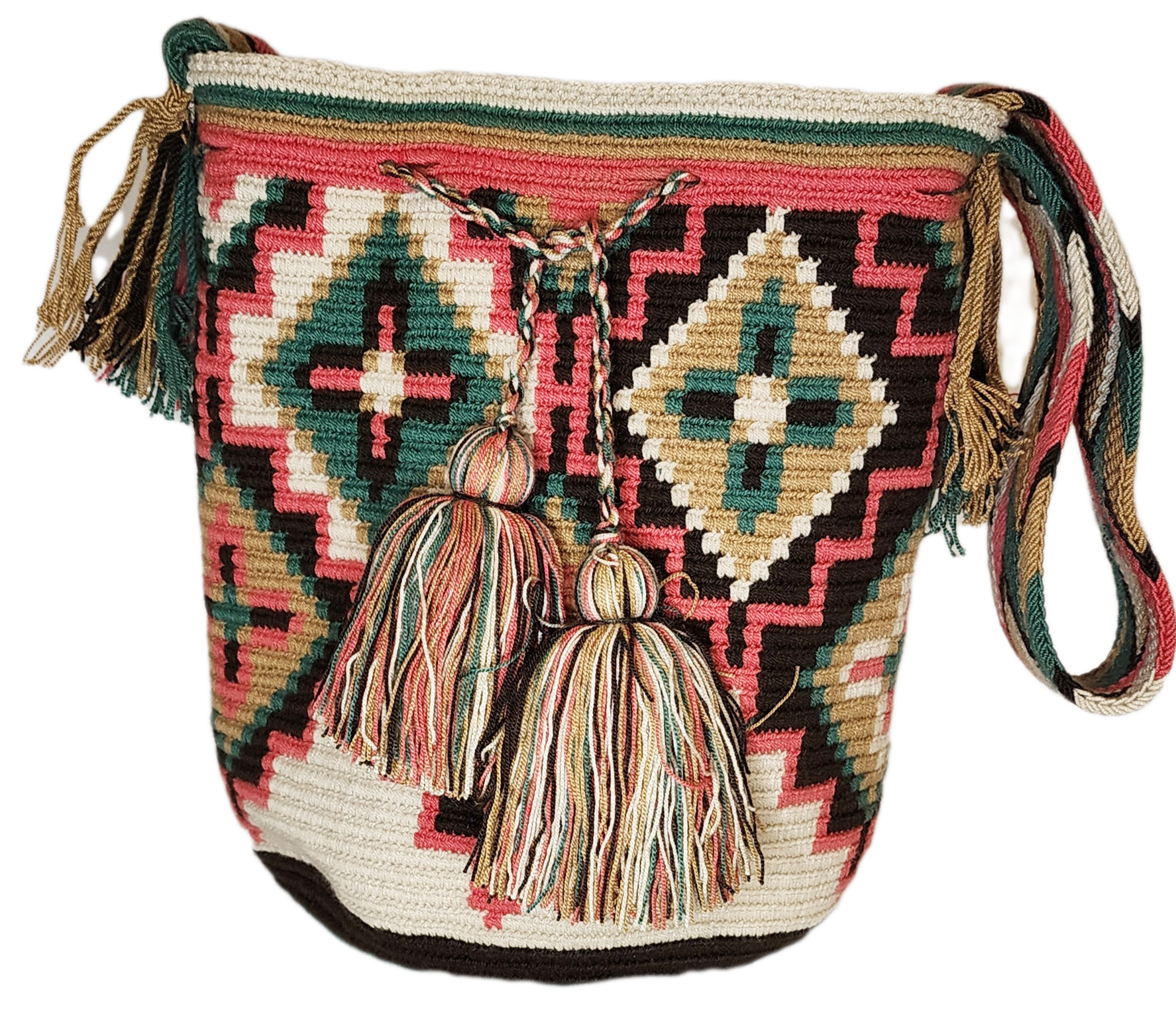 "Colorful handmade Wayuu crochet bag, featuring intricate patterns and a boho design, ideal for versatile use."
