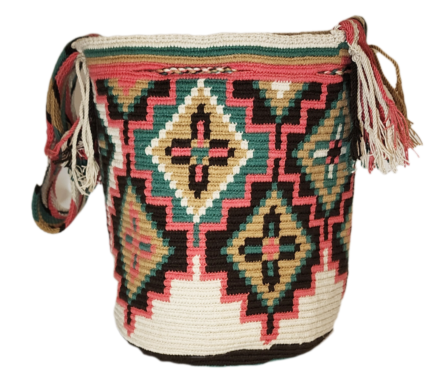 "Colorful handmade Wayuu crochet bag, featuring intricate patterns and a boho design, ideal for versatile use."