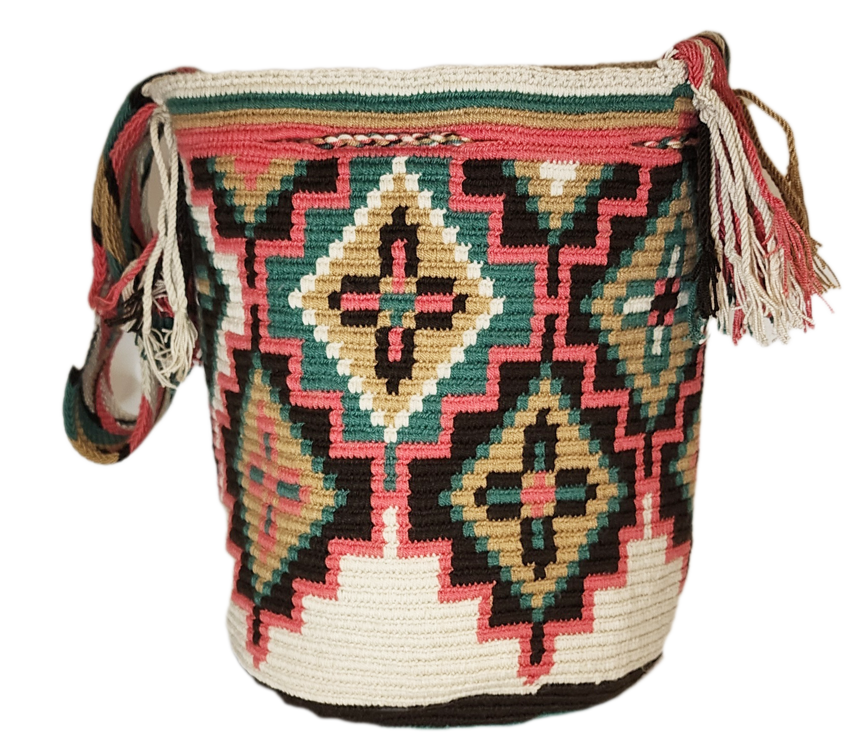 Bottom view "Colorful handmade Wayuu crochet bag, featuring intricate patterns and a boho design, ideal for versatile use."