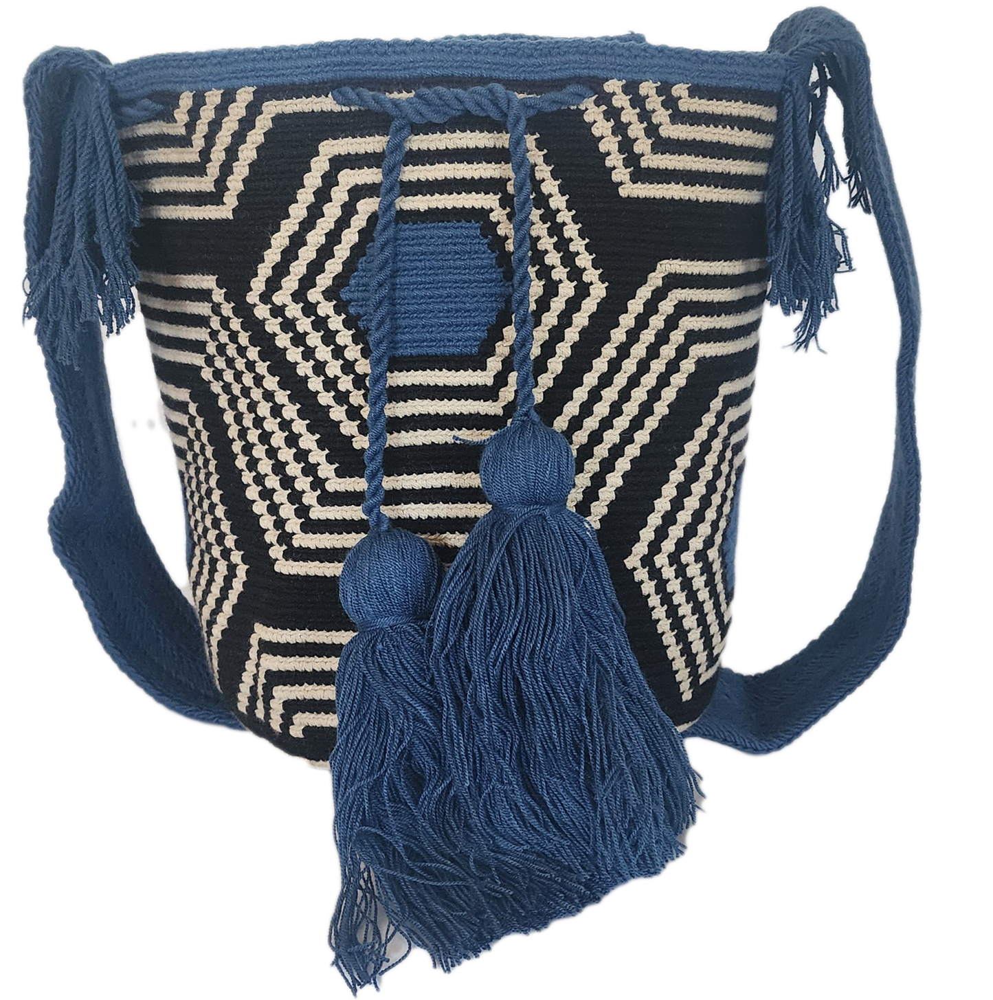 "Colorful handmade Wayuu crochet bag, showcasing exquisite craftsmanship and geometric patterns, perfect as a boho crossbody 