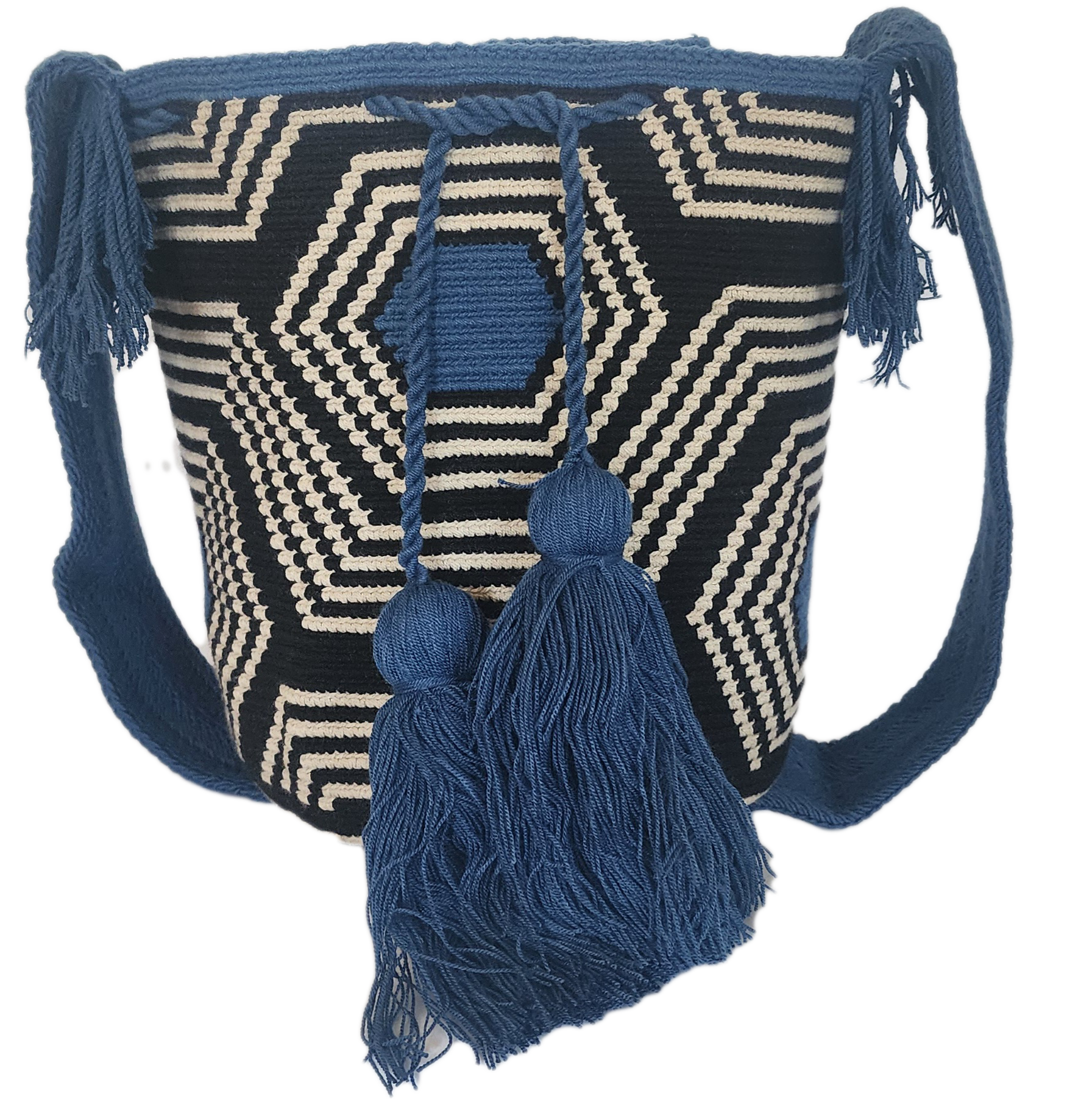 "Colorful handmade Wayuu crochet bag, showcasing exquisite craftsmanship and geometric patterns, perfect as a boho crossbody 