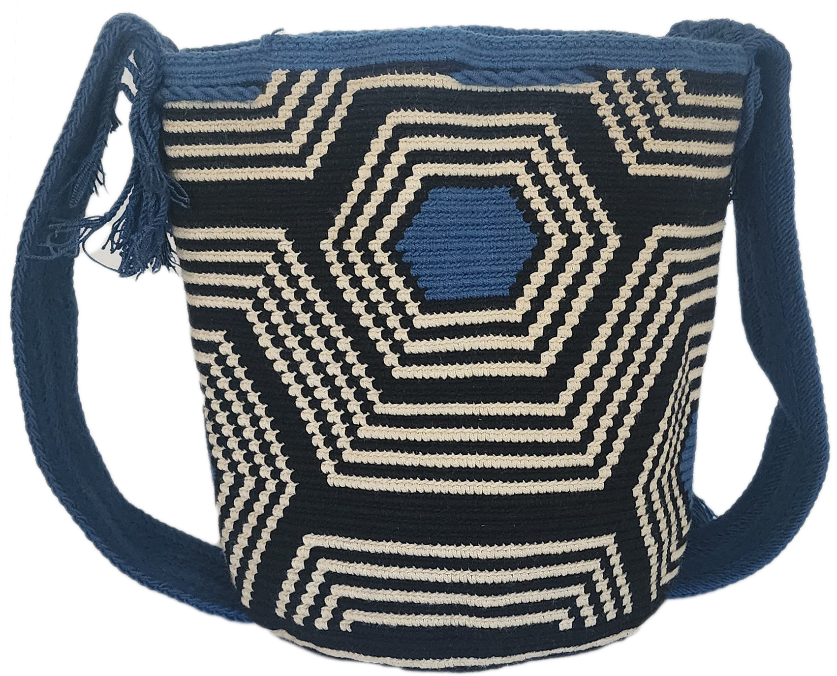 Bottom view "Colorful handmade Wayuu crochet bag, showcasing exquisite craftsmanship and geometric patterns, perfect as a boho crossbody 