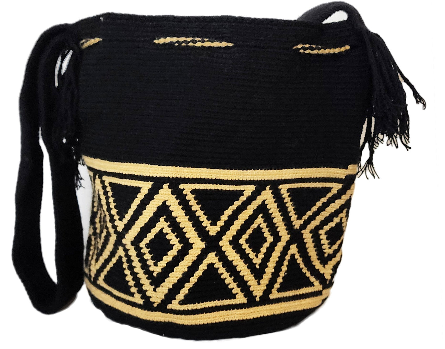 "Colorful handmade Wayuu crochet bag showcasing vibrant geometric patterns and adjustable straps, perfect for versatile use."