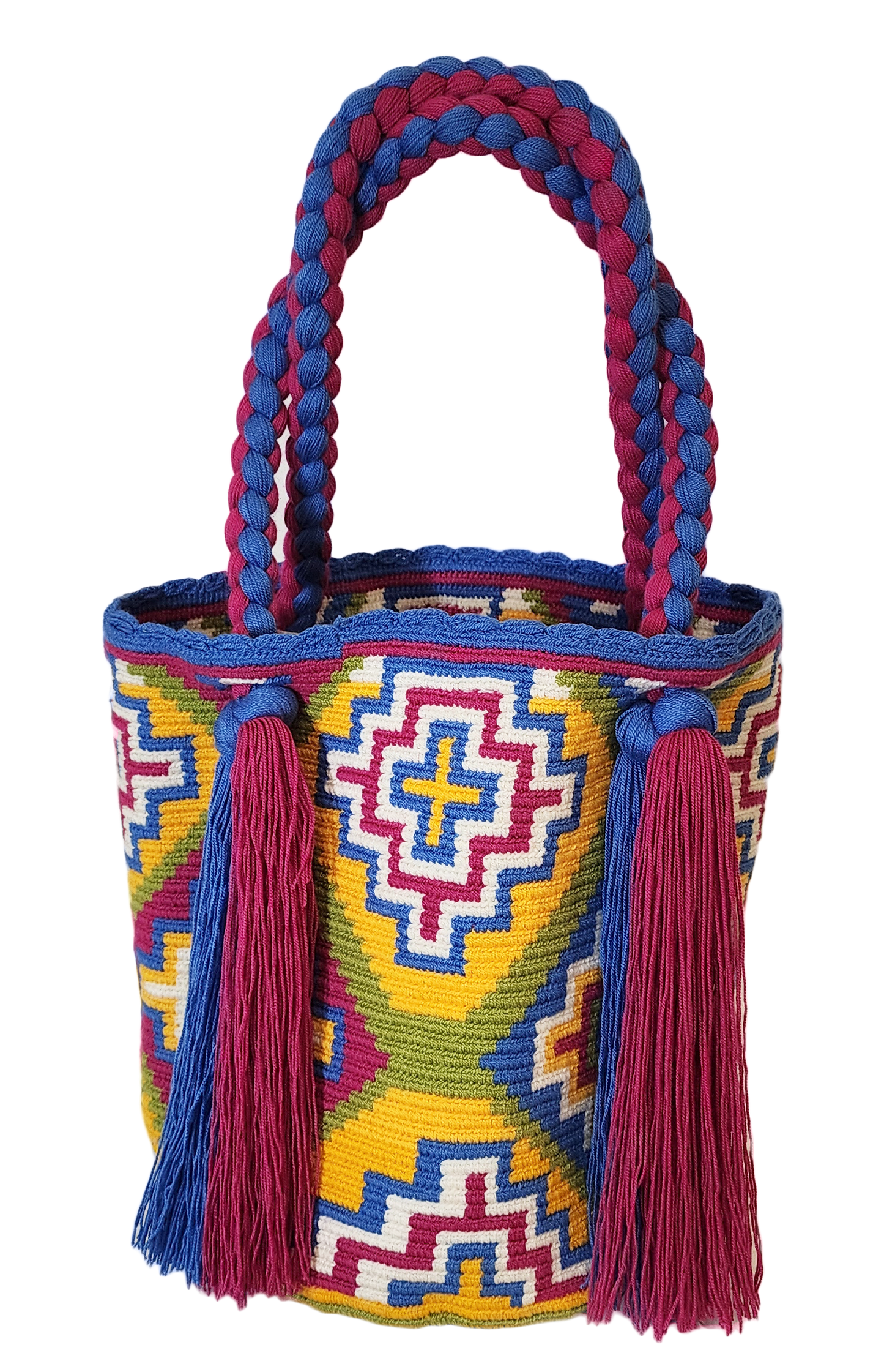 "Colorful handmade Wayuu crochet bag with a cascading waterfall design, crafted by skilled artisans, ideal for various occasi