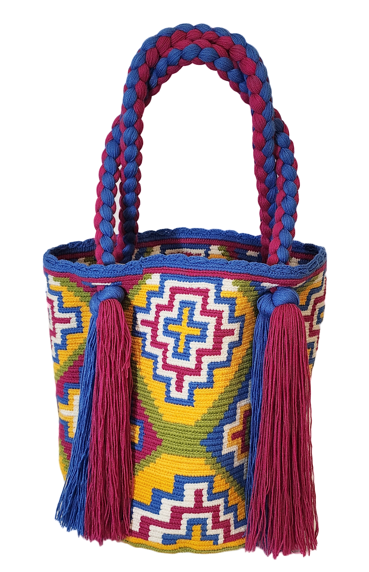 "Colorful handmade Wayuu crochet bag with a cascading waterfall design, crafted by skilled artisans, ideal for various occasi
