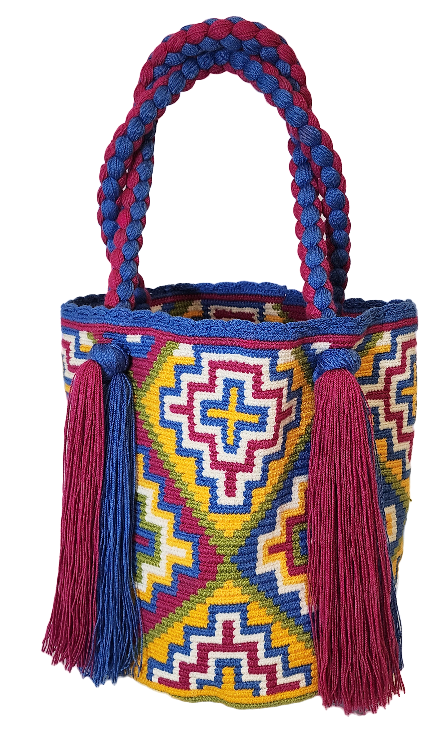 "Colorful handmade Wayuu crochet bag with a cascading waterfall design, crafted by skilled artisans, ideal for various occasi