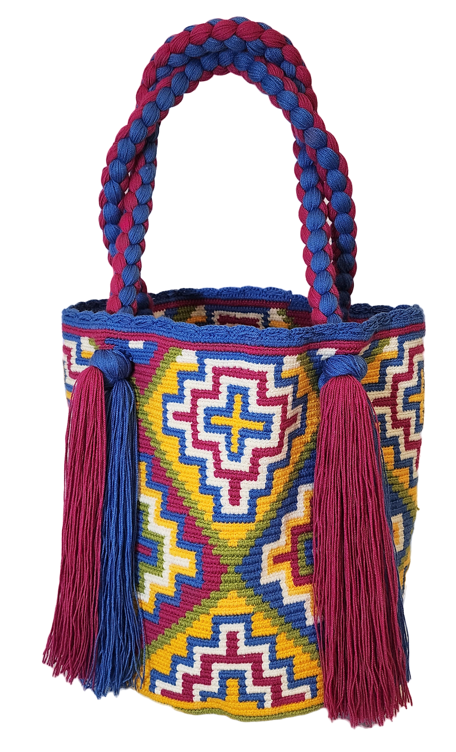 "Colorful handmade Wayuu crochet bag with a cascading waterfall design, crafted by skilled artisans, ideal for various occasi