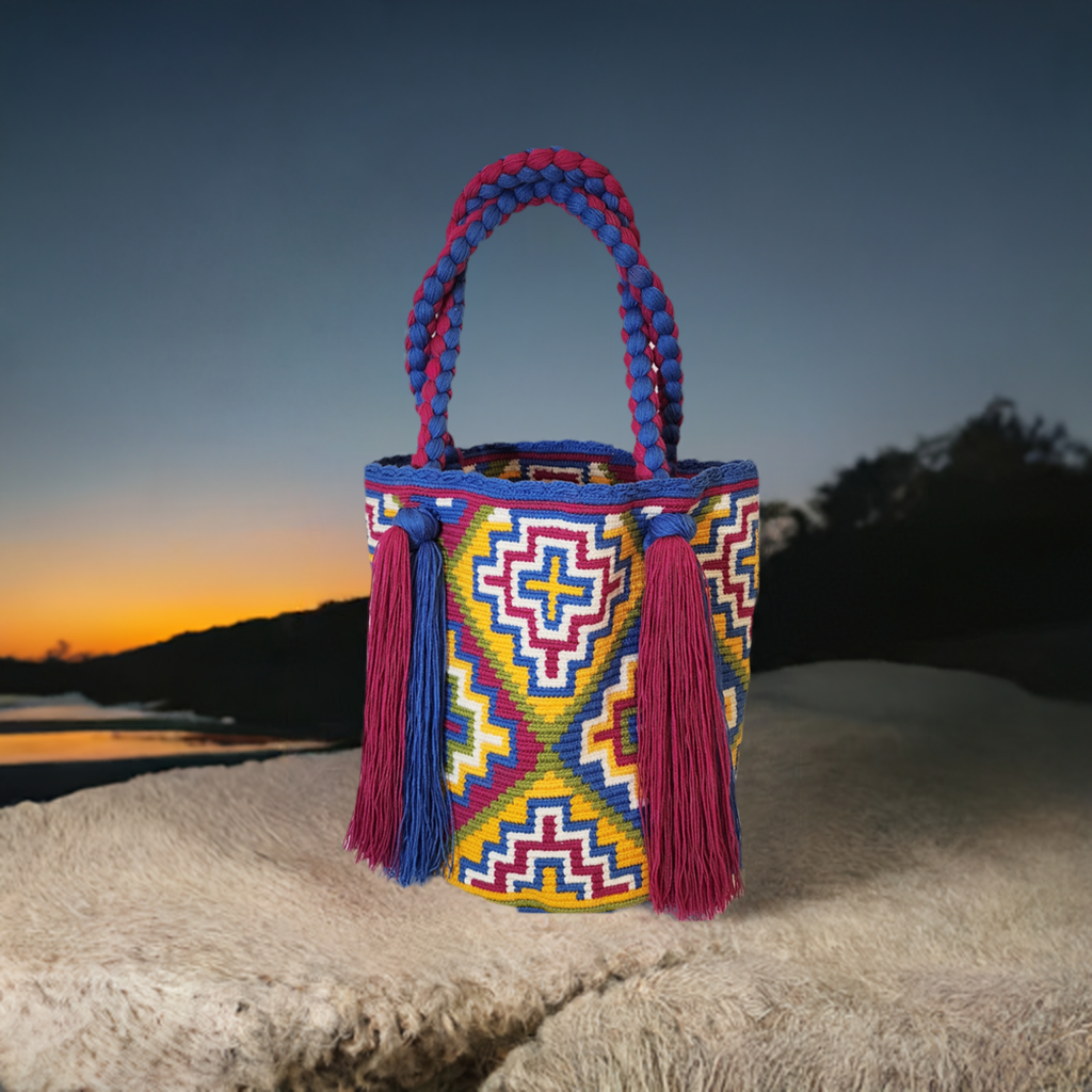 "Colorful handmade Wayuu crochet bag with a cascading waterfall design, crafted by skilled artisans, ideal for various occasi