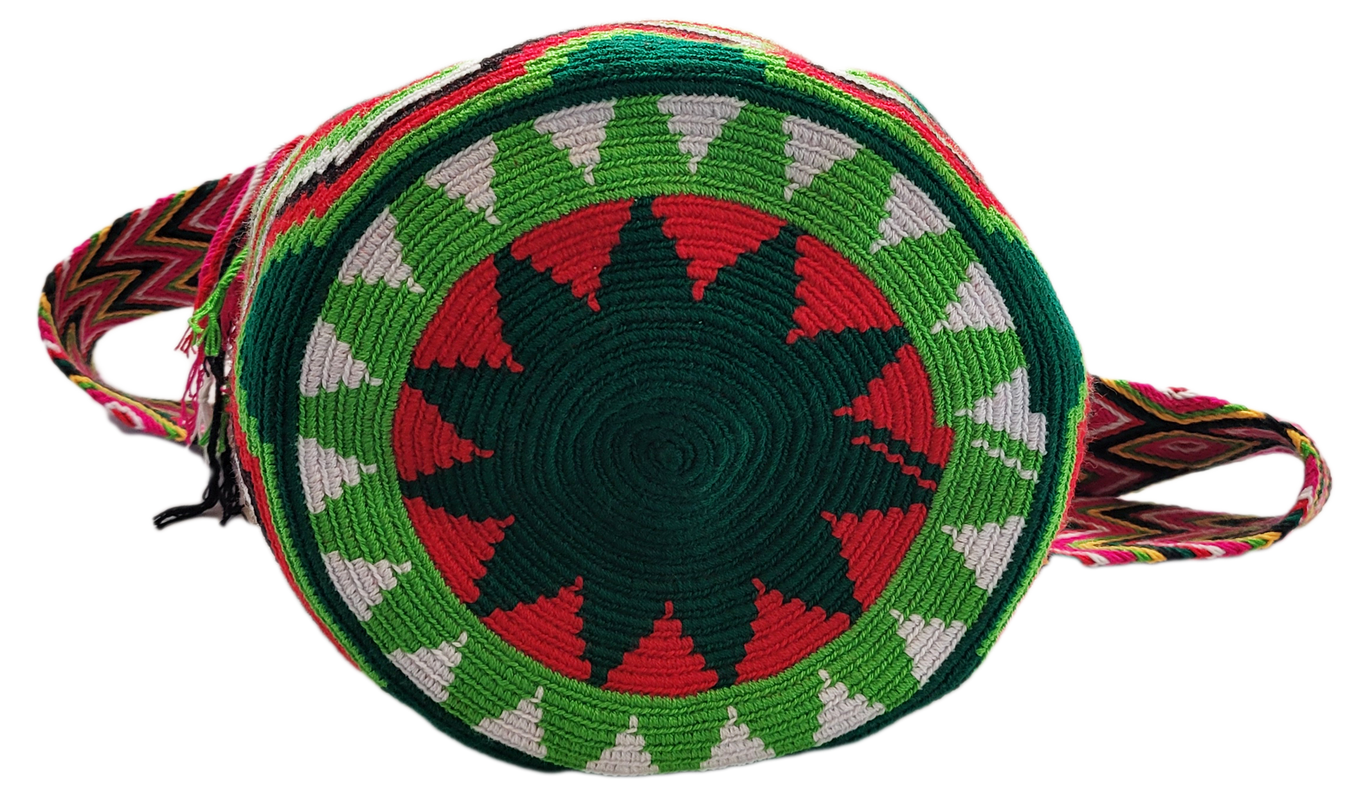 "Colorful handmade Wayuu crochet bag with adjustable strap for shoulder or crossbody wear, showcasing unique boho patterns."