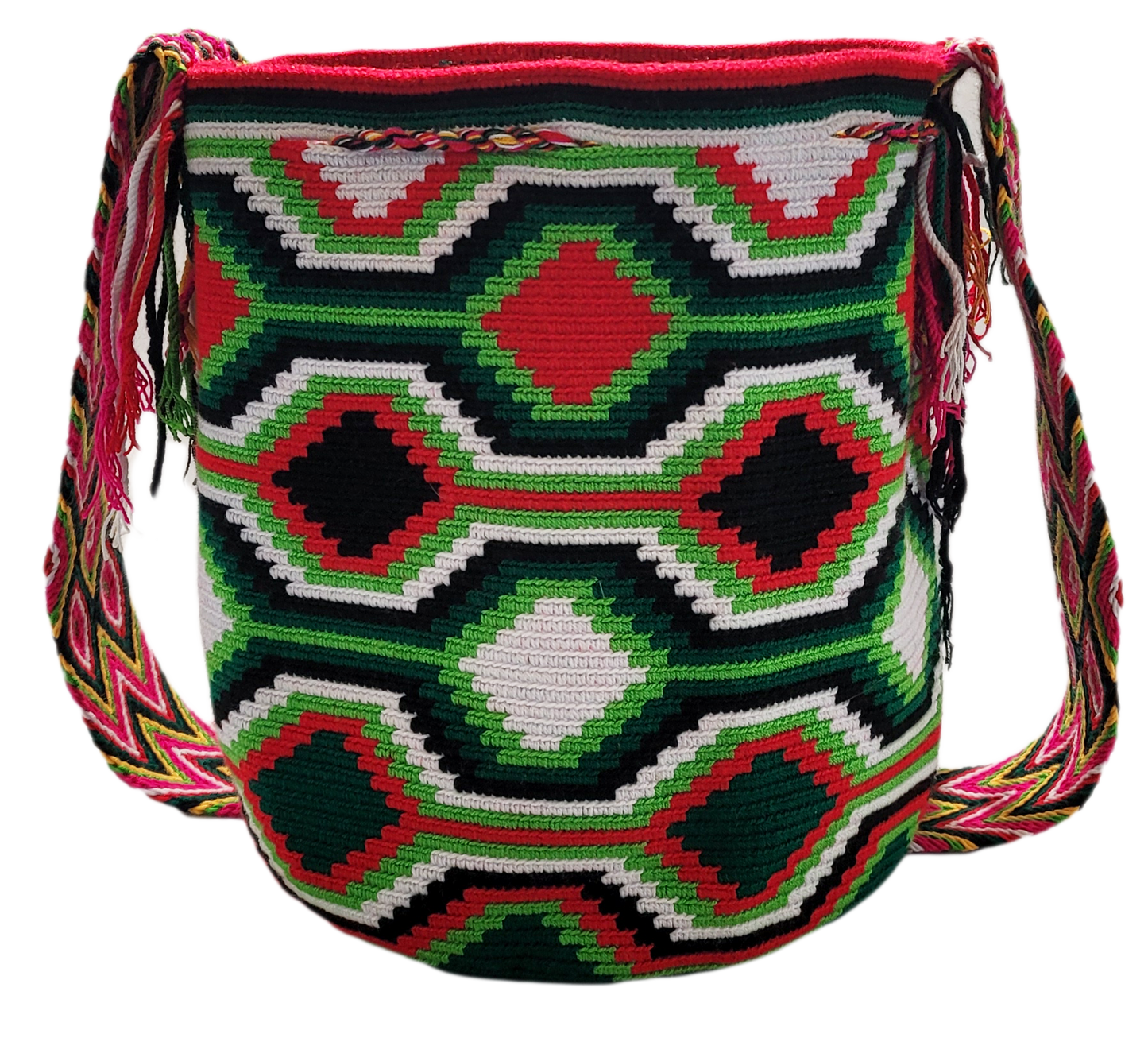 "Colorful handmade Wayuu crochet bag with adjustable strap for shoulder or crossbody wear, showcasing unique boho patterns."