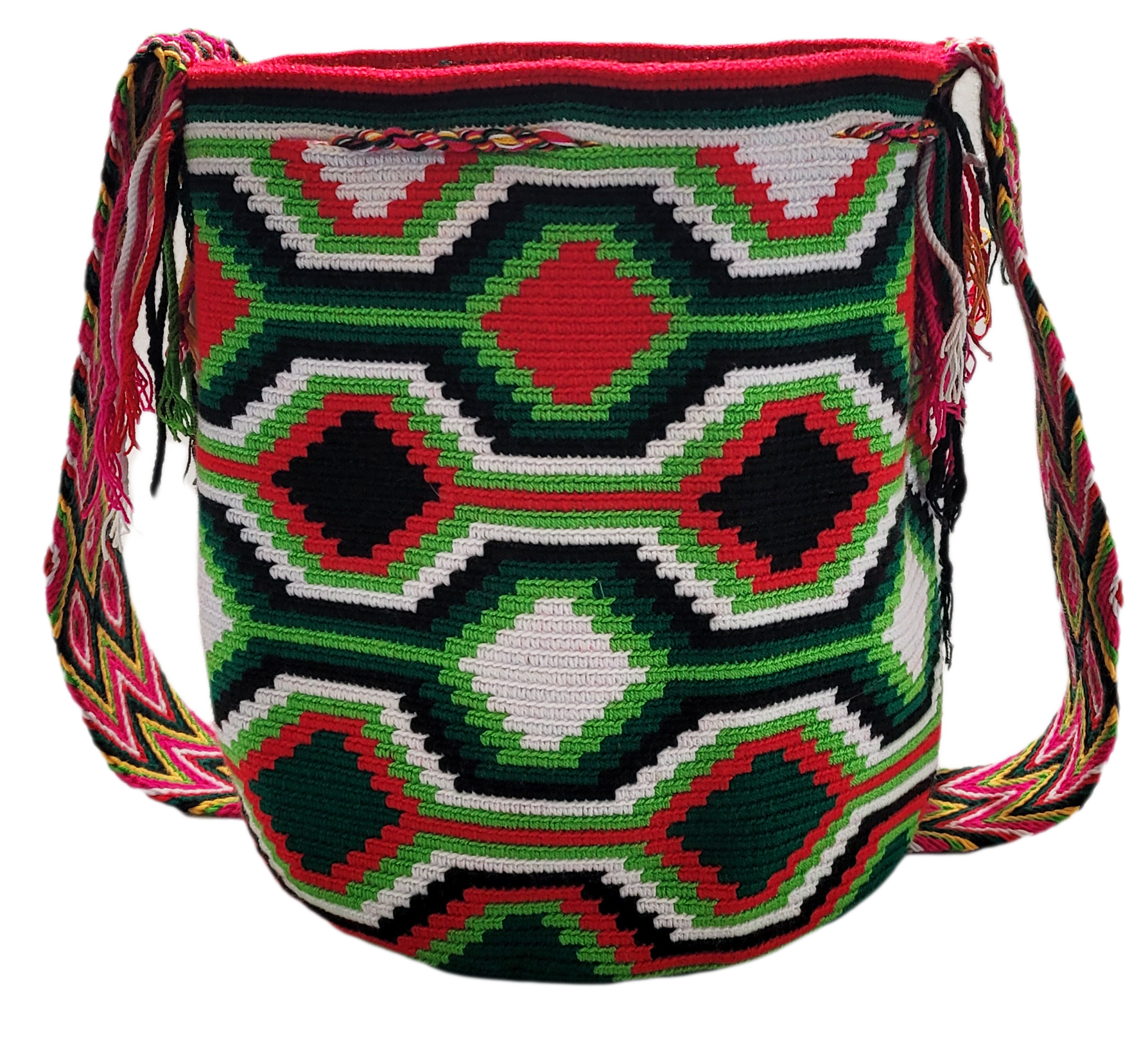 "Colorful handmade Wayuu crochet bag with adjustable strap for shoulder or crossbody wear, showcasing unique boho patterns."