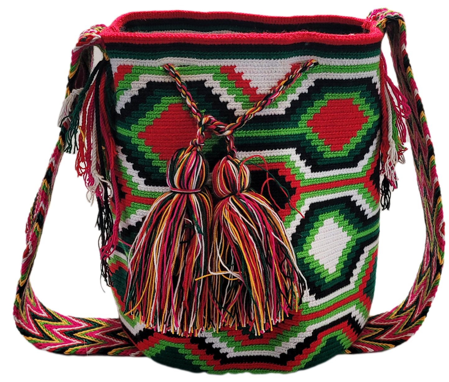 "Colorful handmade Wayuu crochet bag with adjustable strap for shoulder or crossbody wear, showcasing unique boho patterns."