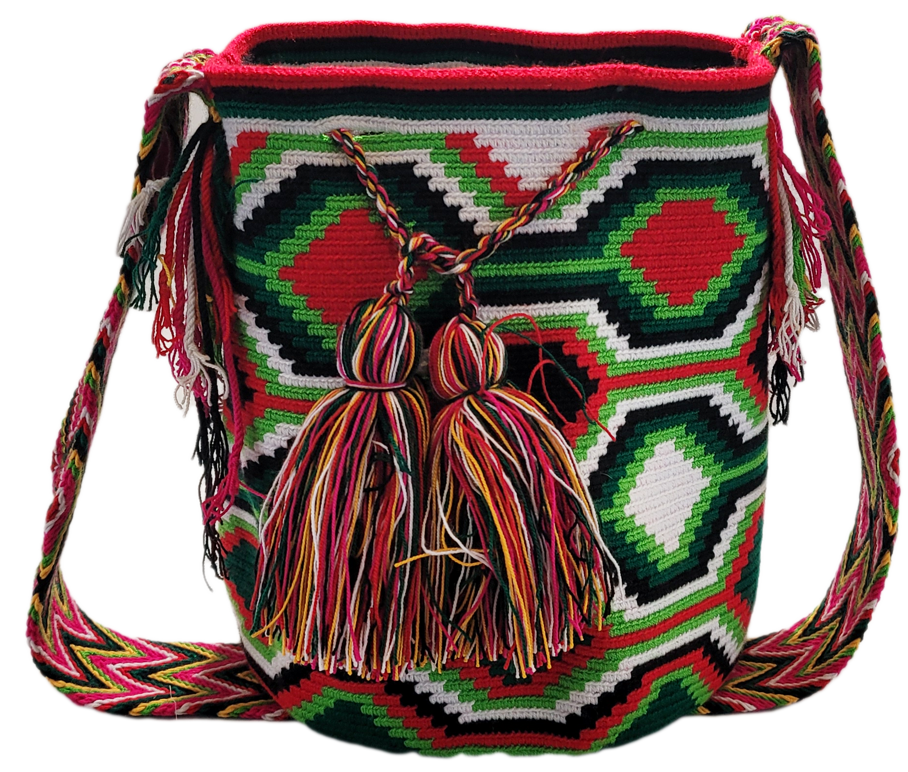 "Colorful handmade Wayuu crochet bag with adjustable strap for shoulder or crossbody wear, showcasing unique boho patterns."