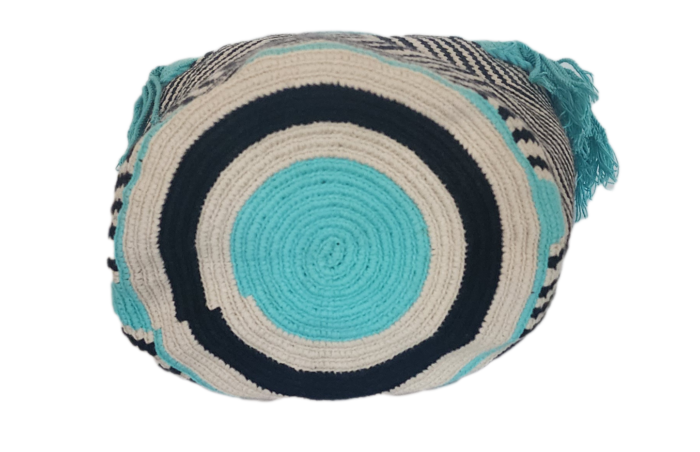 "Colorful handmade Wayuu crochet bag with geometric designs, crafted by indigenous artisans, adjustable strap for versatile w