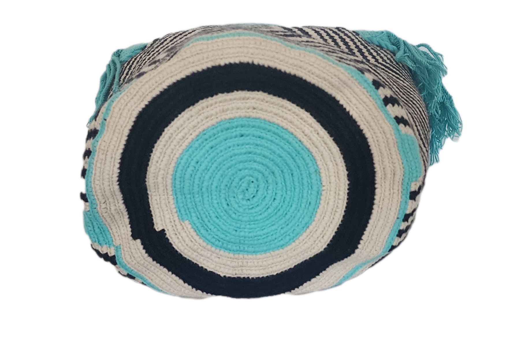 "Colorful handmade Wayuu crochet bag with geometric designs, crafted by indigenous artisans, adjustable strap for versatile w