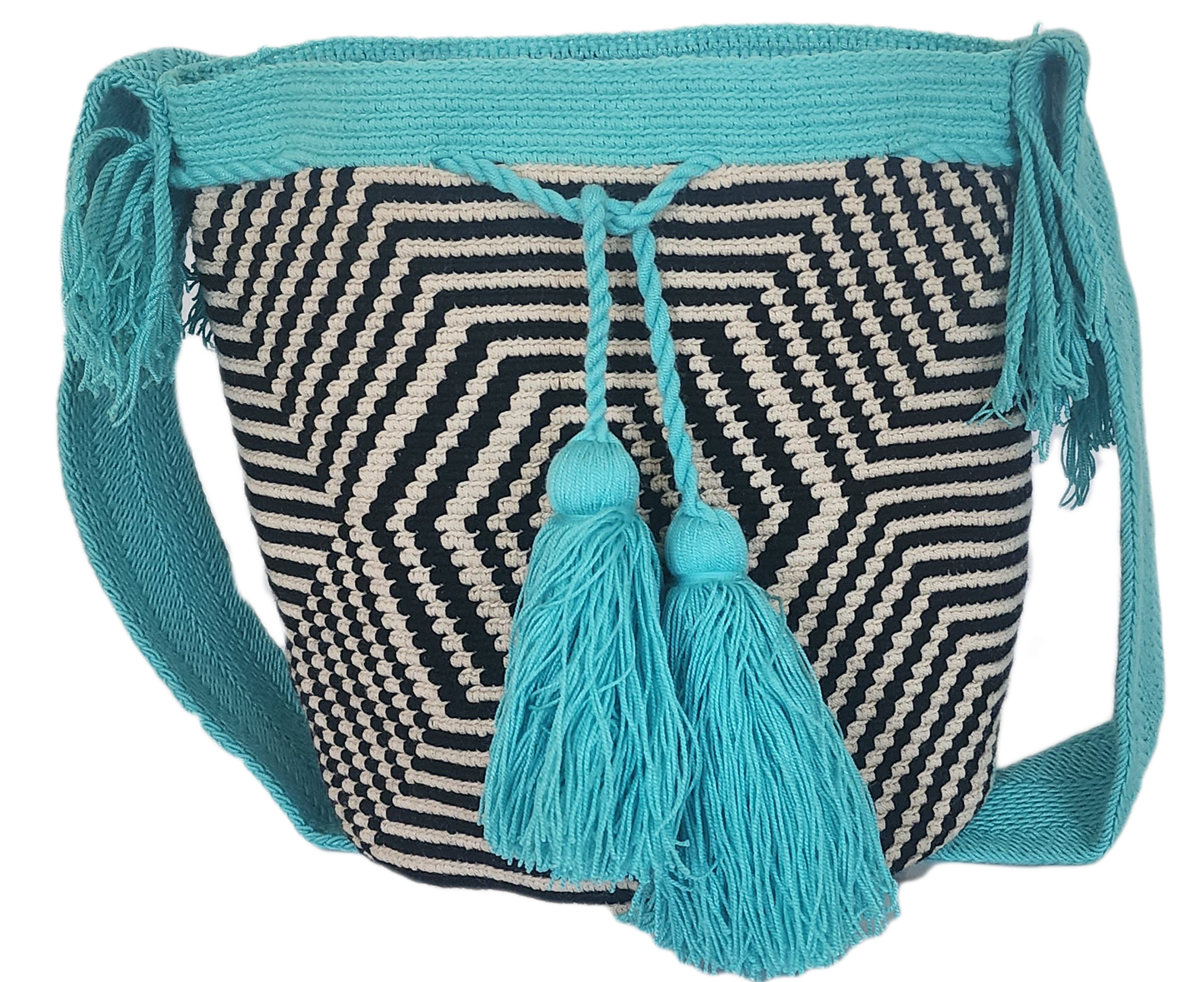 "Colorful handmade Wayuu crochet bag with geometric designs, crafted by indigenous artisans, adjustable strap for versatile w