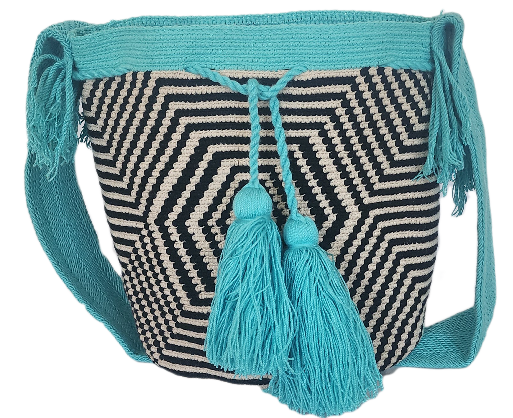 "Colorful handmade Wayuu crochet bag with geometric designs, crafted by indigenous artisans, adjustable strap for versatile w