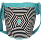 "Colorful handmade Wayuu crochet bag with geometric designs, crafted by indigenous artisans, adjustable strap for versatile w