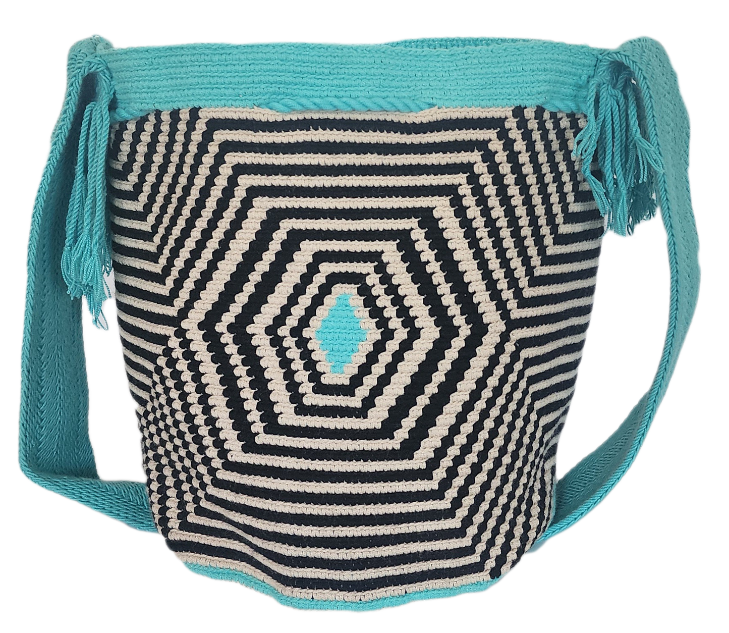 "Colorful handmade Wayuu crochet bag with geometric designs, crafted by indigenous artisans, adjustable strap for versatile w