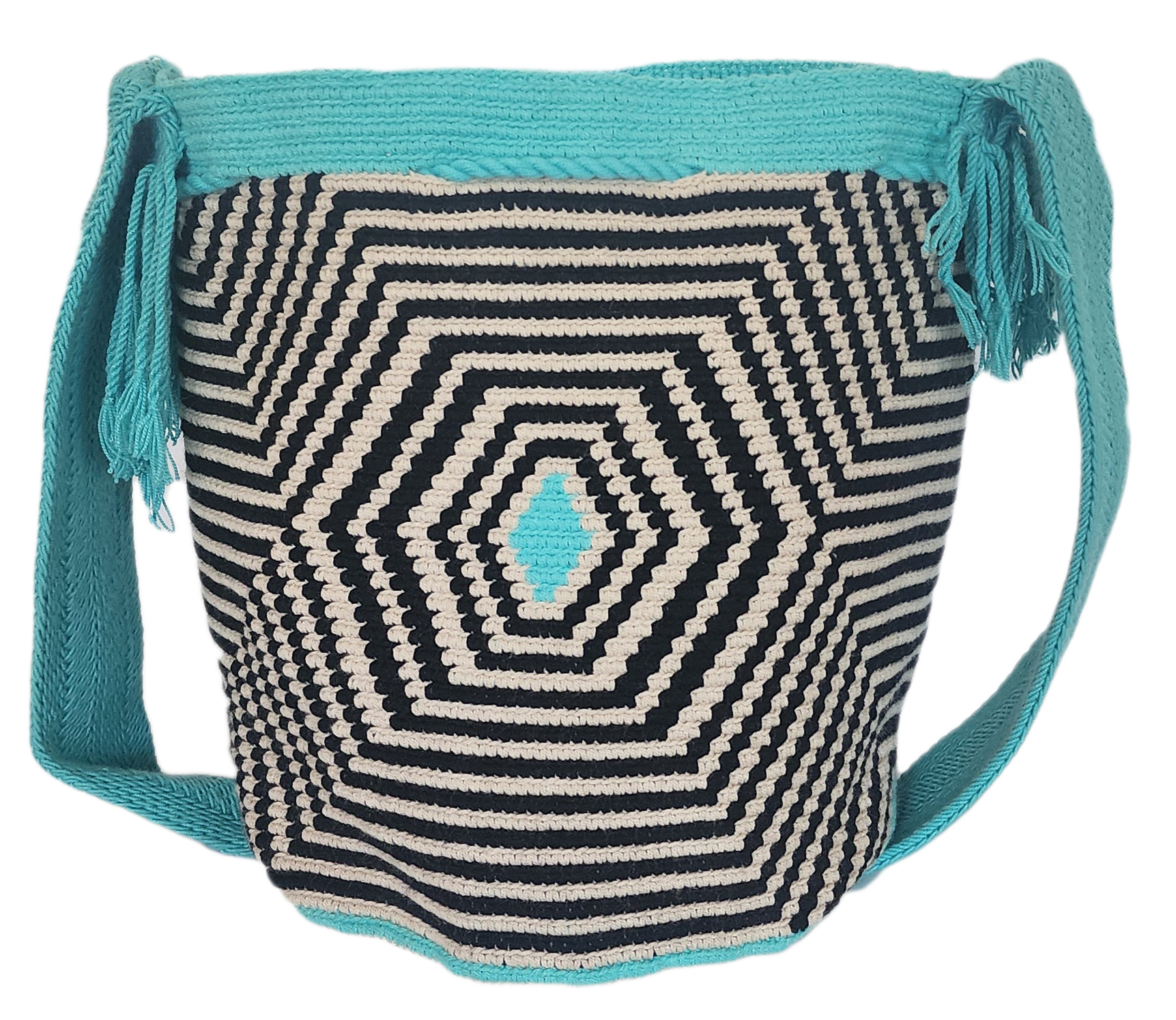 Bottom view "Colorful handmade Wayuu crochet bag with geometric designs, crafted by indigenous artisans, adjustable strap for versatile w
