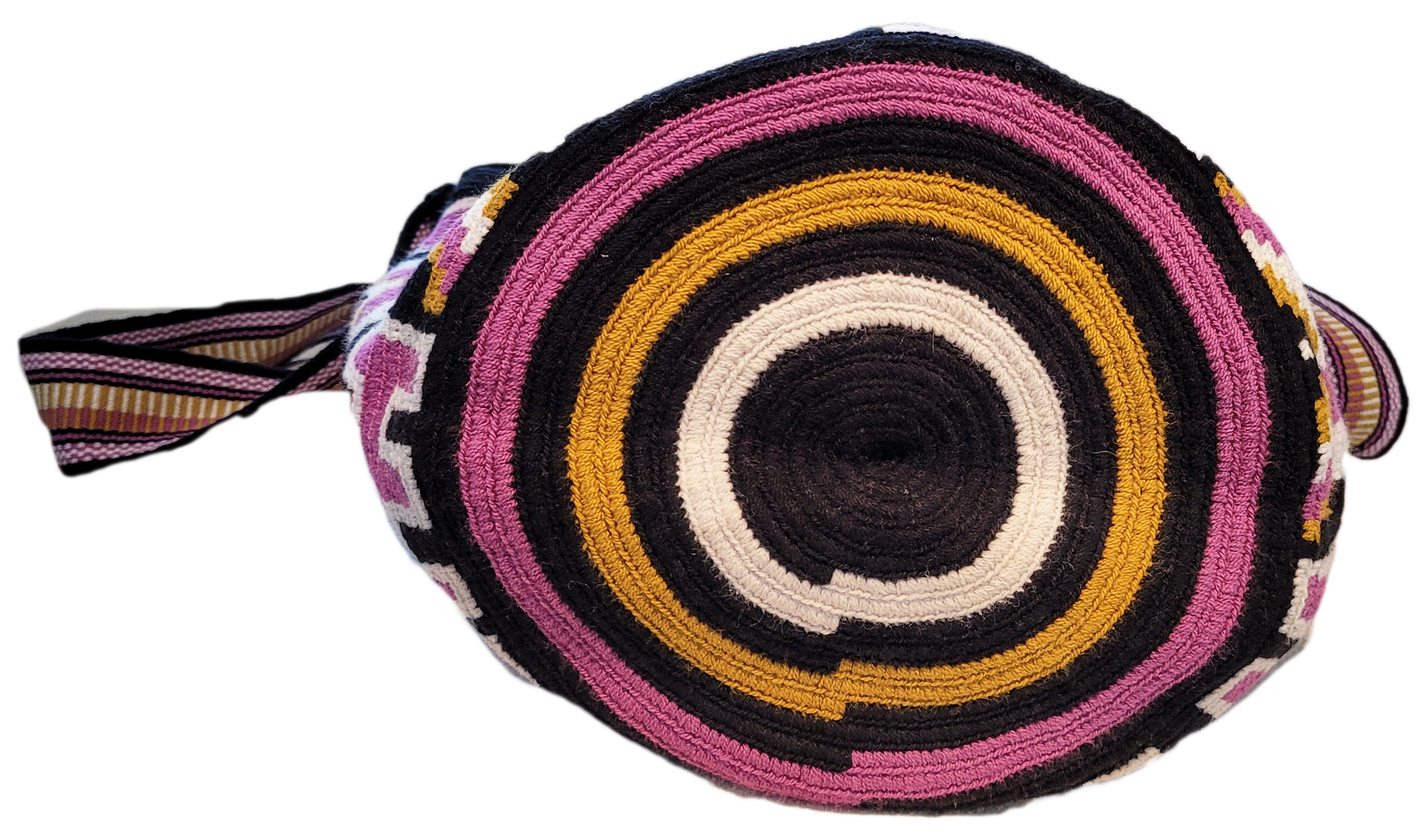 "Colorful handmade Wayuu crochet bag with geometric patterns and long, artisan-crafted straps for versatile wear."
